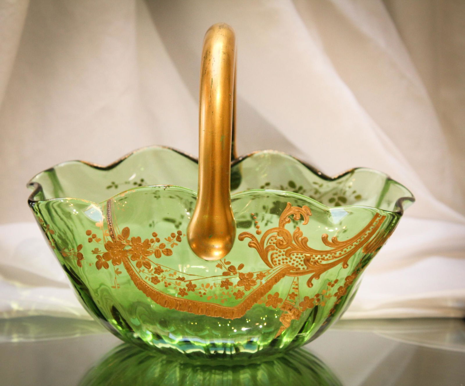 large Bohemian Mt. Joye Enameled Victorian Glass Basket (1 of 7)