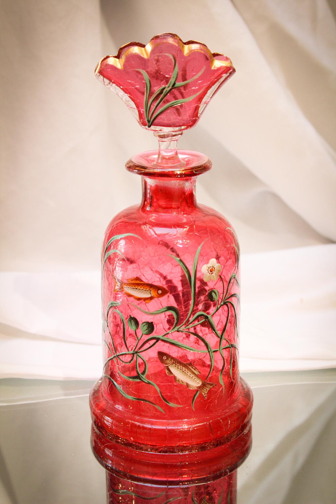 Cranberry Moser 8 1/2" Craquelle Fish Pond Cologne Bottle (1 of 6)