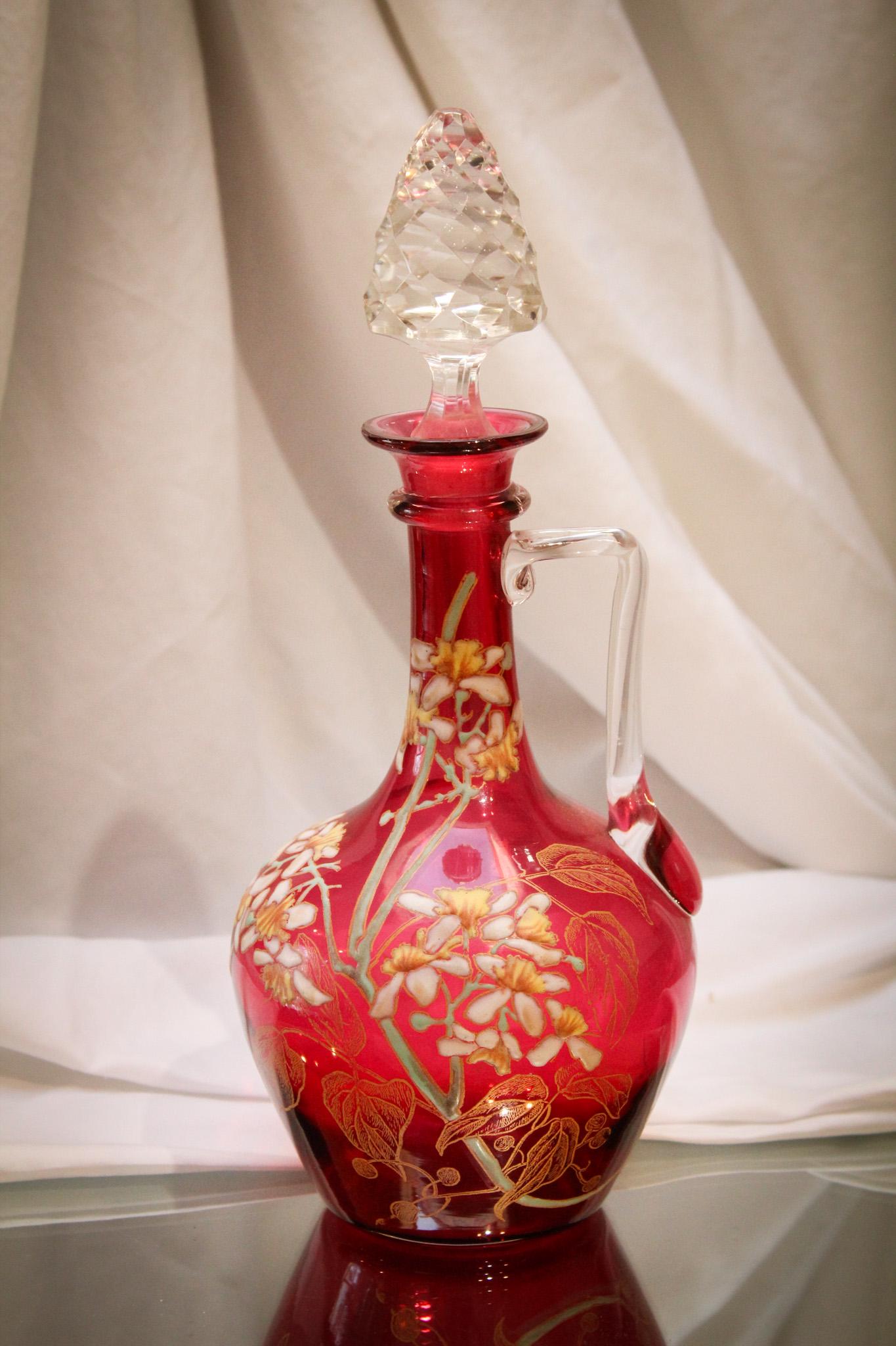 Legras Mt. Joye Cranberry Enameled Victorian Glass 11" Decanter (1 of 6)