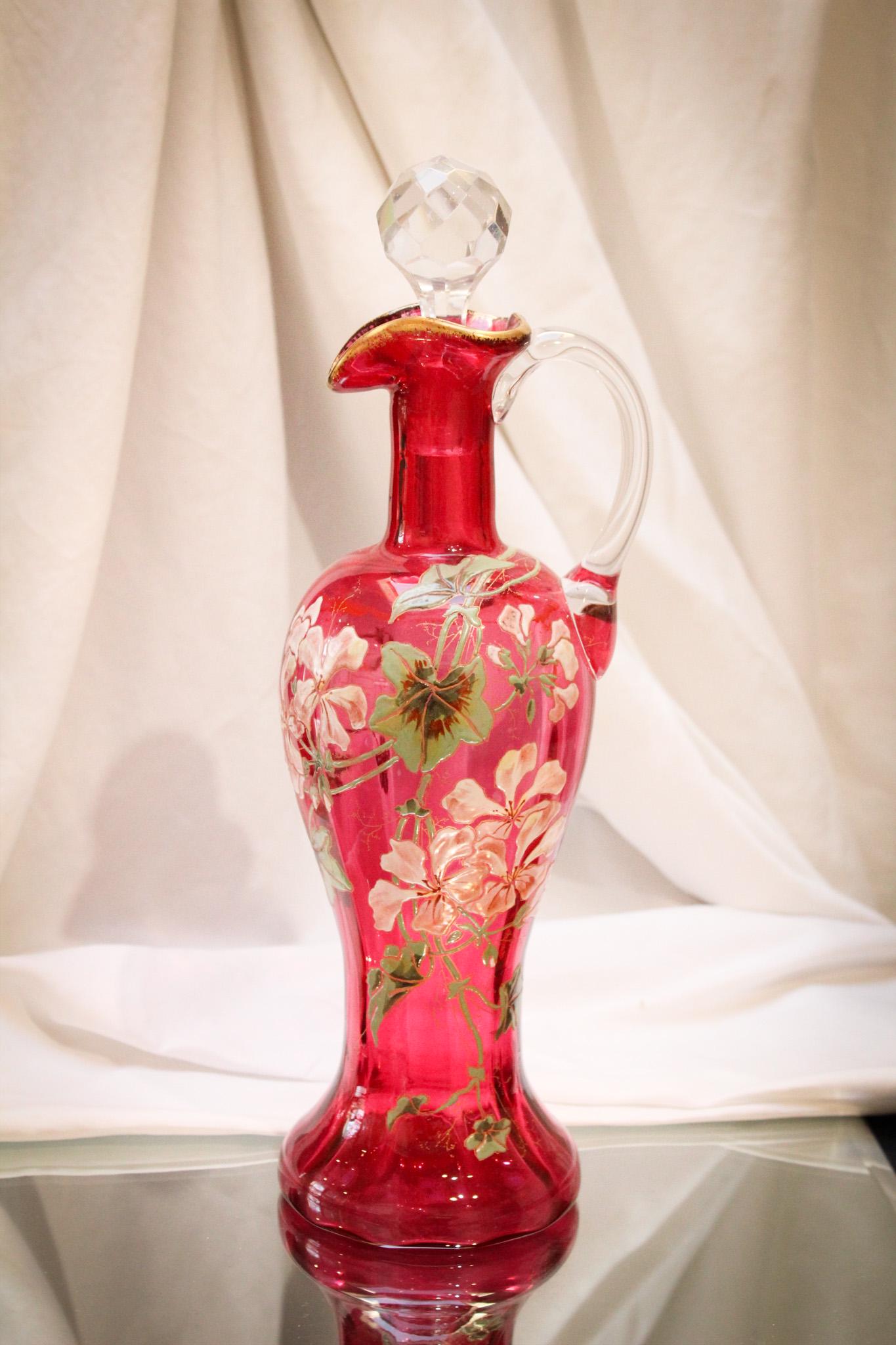 Legras Mt. Joye Cranberry Enameled Victorian Glass 13" Decanter (1 of 8)