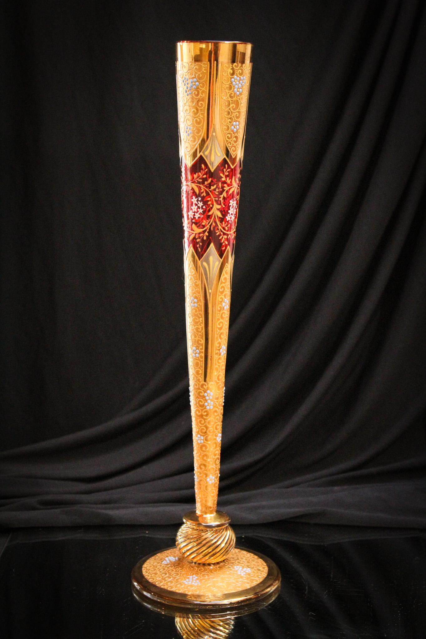 Moser 15" Cranberry & Gold Enameled Victorian Vase (1 of 9)