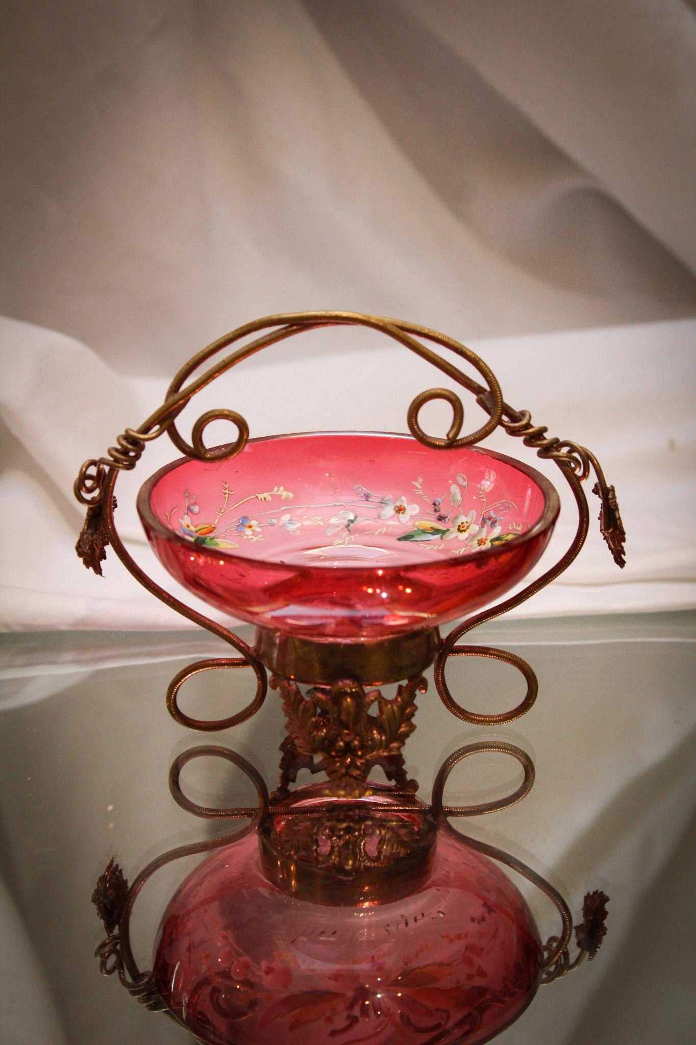 Cranberry Enameled Victorian Moser Glass Ormulu Pin Dish (1 of 7)