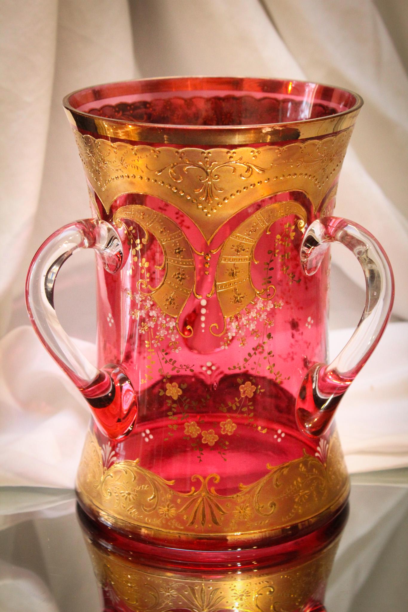 Cranberry Moser Bohemian Glass Large 8" Loving Cup: This is a large piece and so showy. Nice rich cranberry glass adorned with heavy gold and detailing. So nice. Can you believe it measures 8" tall? Wow.