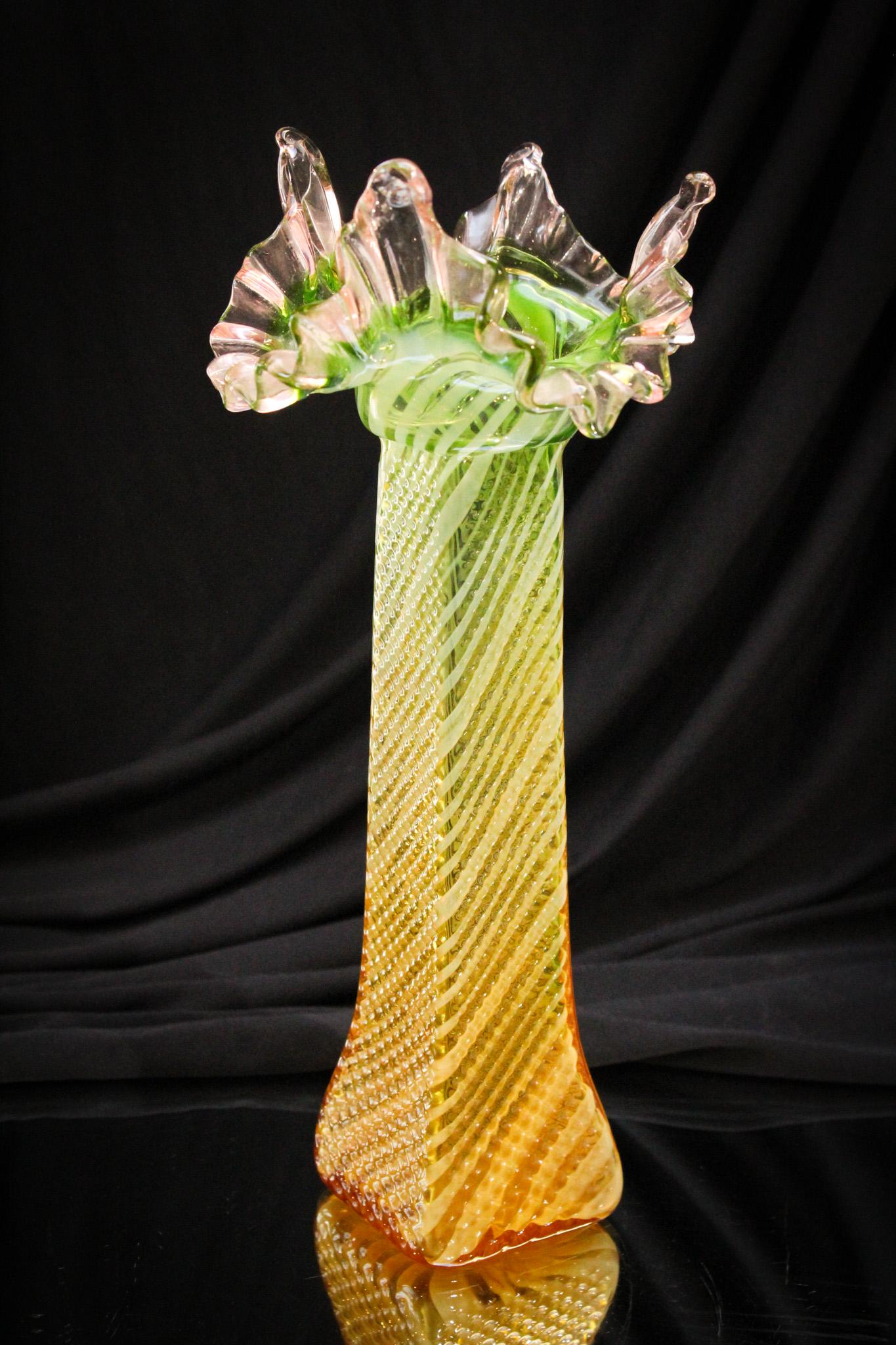 Bohemian Vaseliine Green with applied rim Victorian Glass Vase (1 of 5)