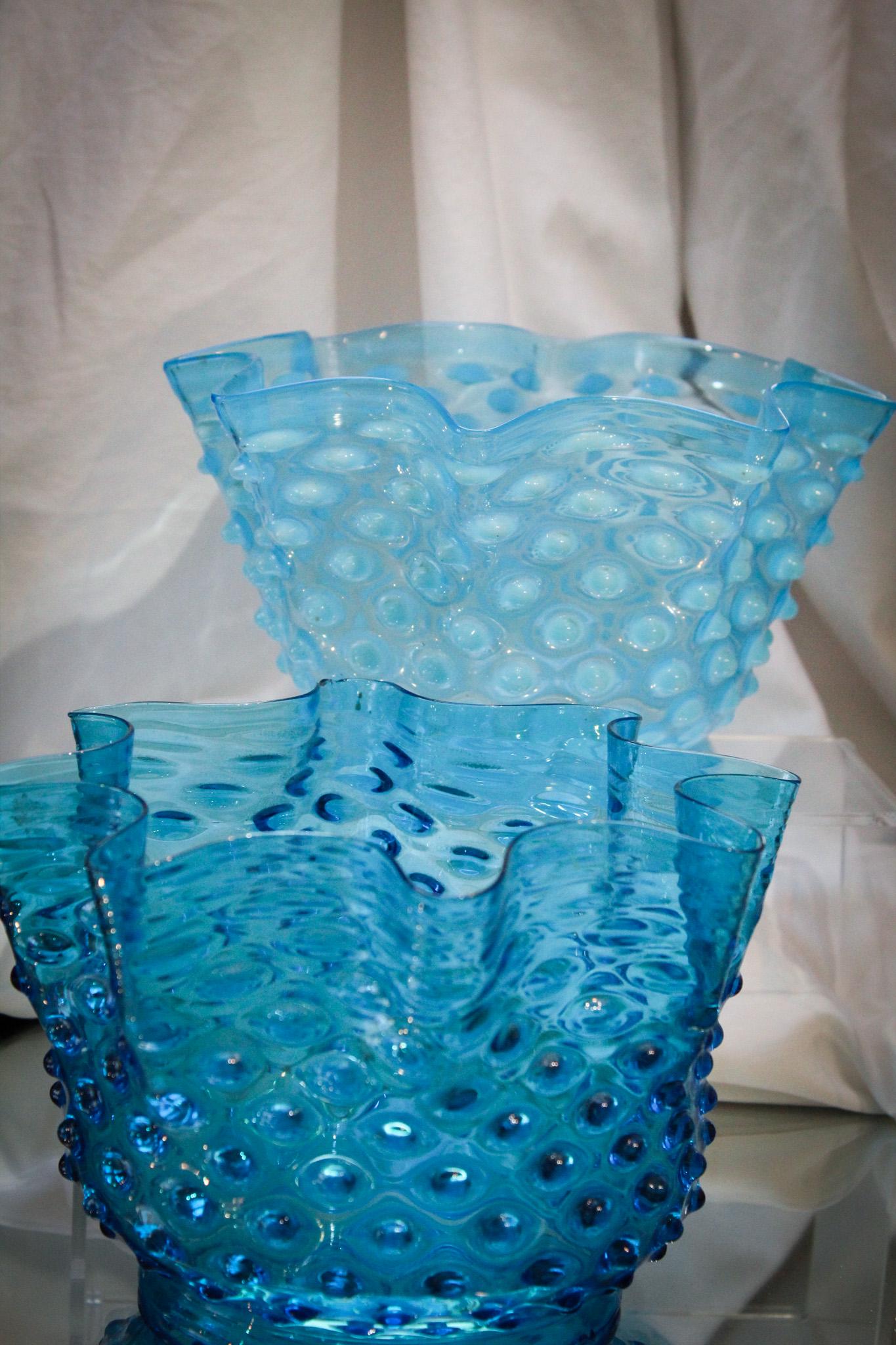 2 pc Lot Hobbs Blue Opalescent Glass Hobnail Gas Shades (1 of 10)