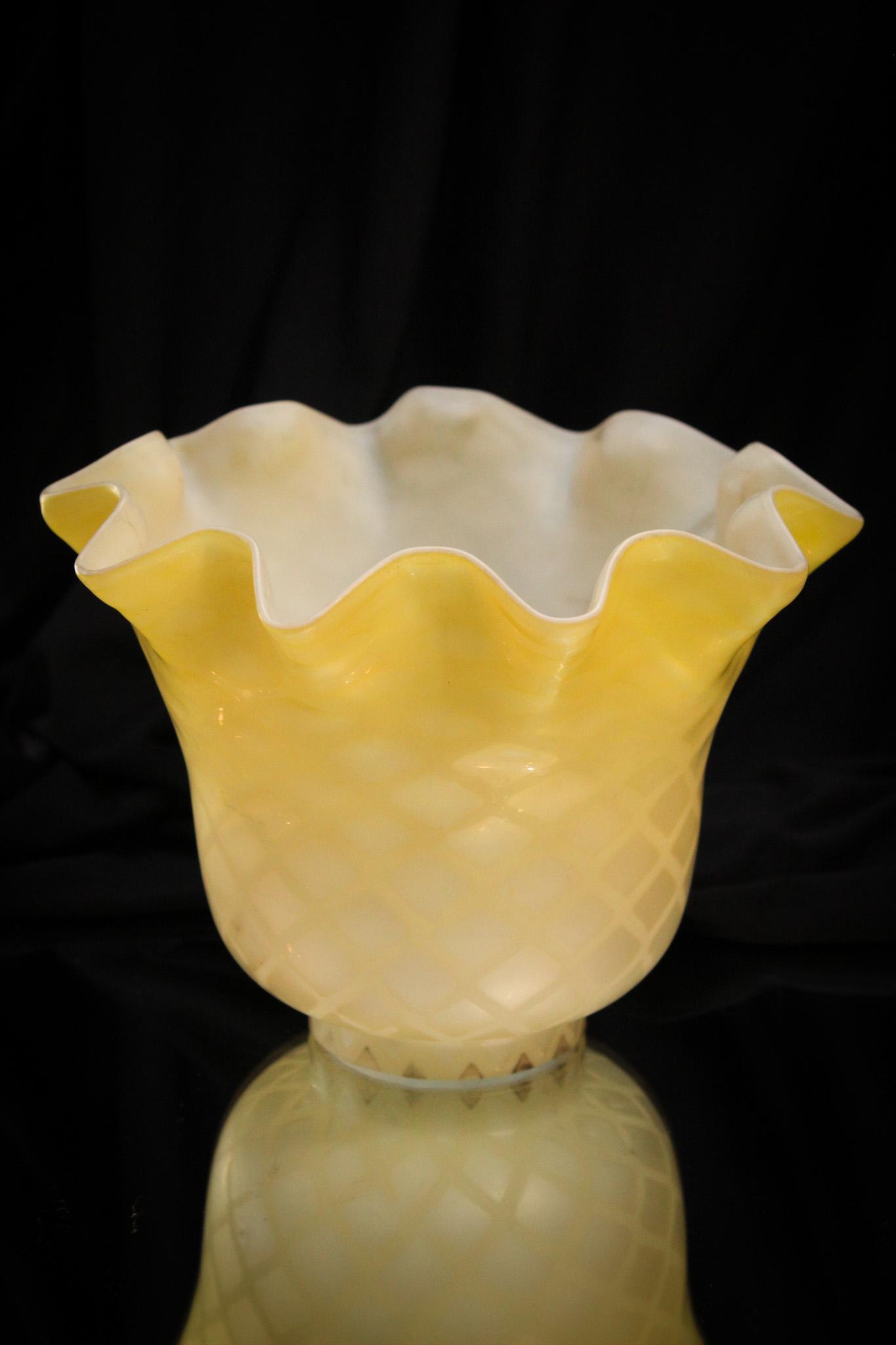 Victorian Mother of Pearl Satin Glass Jr. Oil Lamp Shade: Canary yellow and so cheerful. This shade in Victorian diamond quilt Mother of Pearl satin glass is luscious. Rich satin finish. It measures 5 1/2" tall, 7 1/2" wide, and has a 2 7/8" fitter.