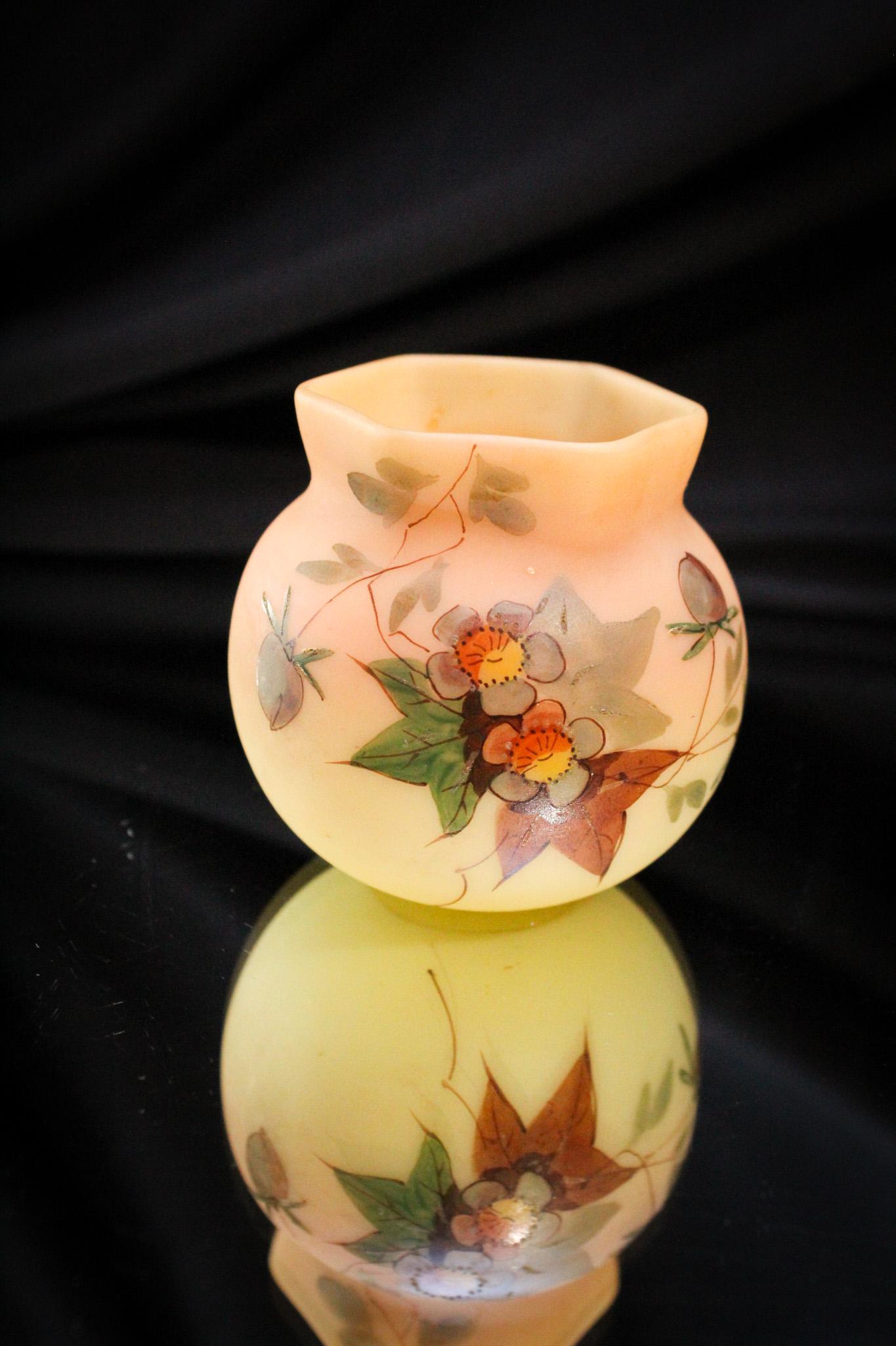 Webb Burmese Victorian Decorated Burmese Toothpick Holder: Ahh, a classic in the Webb burmese forms. This hex top toothpick holder measures 2 1/2" tall. Super color and decoration.