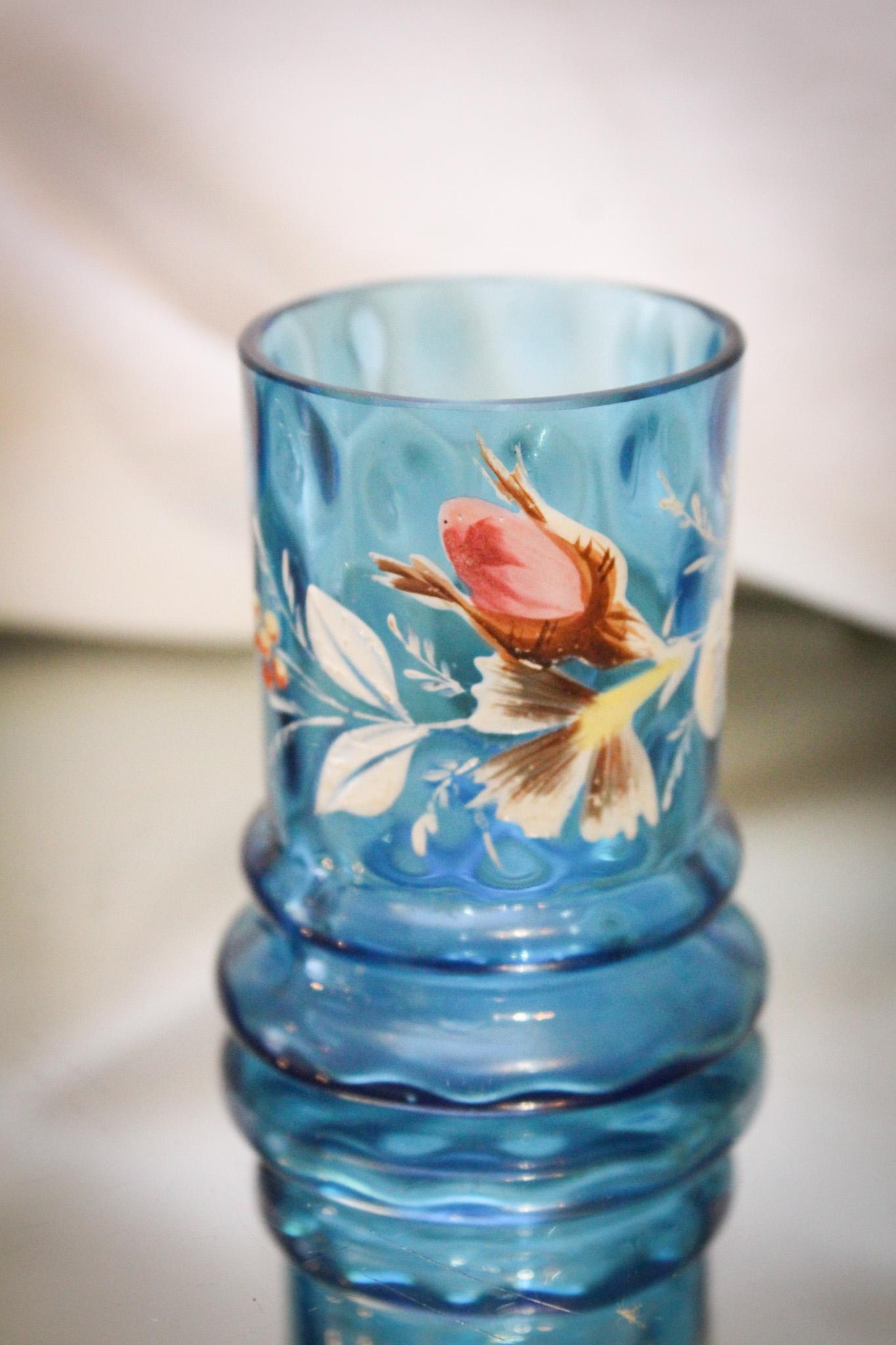 Blue Inverted Thumbprint Victorian Enameled Toothpick: Beautiful Blue Inverted thumbprint Victorian toothpick holder in the ring base form. This piece has wonderful enameled decoration. Nice! It measures 2 1/2" tall.