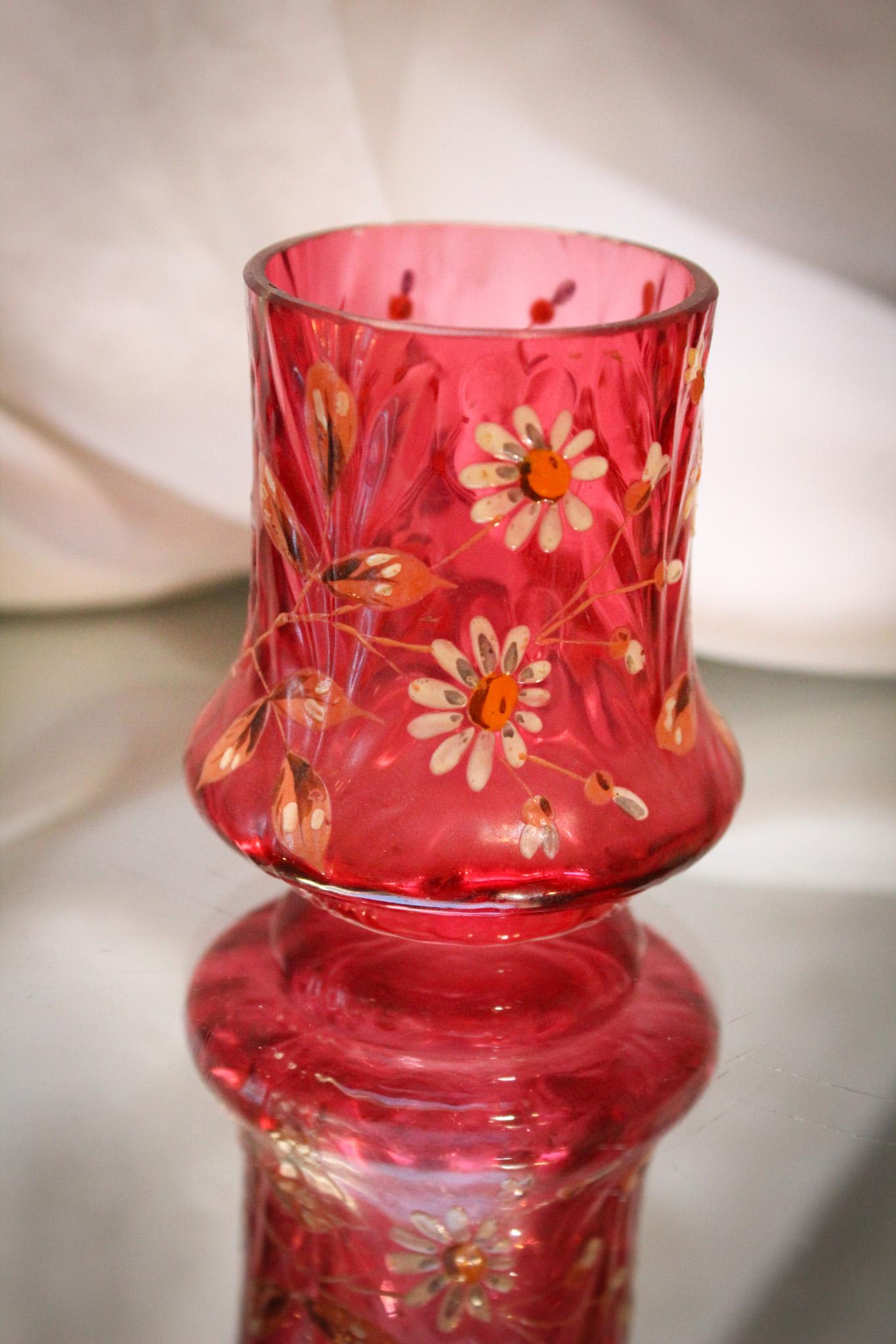 Victorian Cranberry Enameled Toothpick Holder: This is a honey as well. Perfect cranberry coloring and the addition of enameled flowers and foliage only kicks it up another notch. It stand a nice 2 1/2" tall.