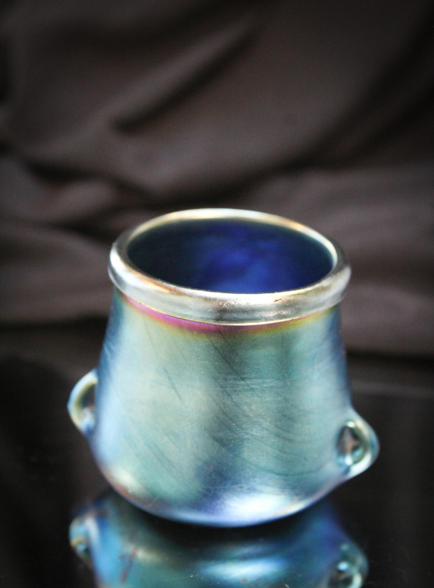 Tiffany Blue Favrille Victorian Glass Toothpick Holder: Incredible coloring is found on this exquisite Victorian toothpick holder. Take note of the purple and deep dark blue hues. It is scrumptiously good. Eye candy for the soul as we like to say. It measu