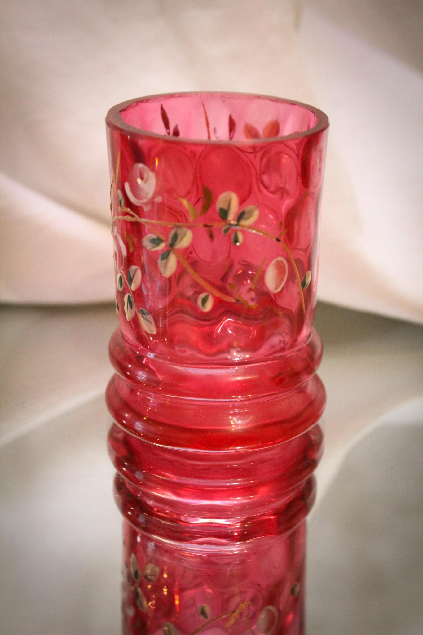 Cranberry IVT Enameled Ring Base Victorian Toothpick: Yet another beautiful cranberry toothpick Holder. This one highly enameled with flowers just as all you Pickies like them to be. How tall you ask? Well it's a tiny 2 1/2".