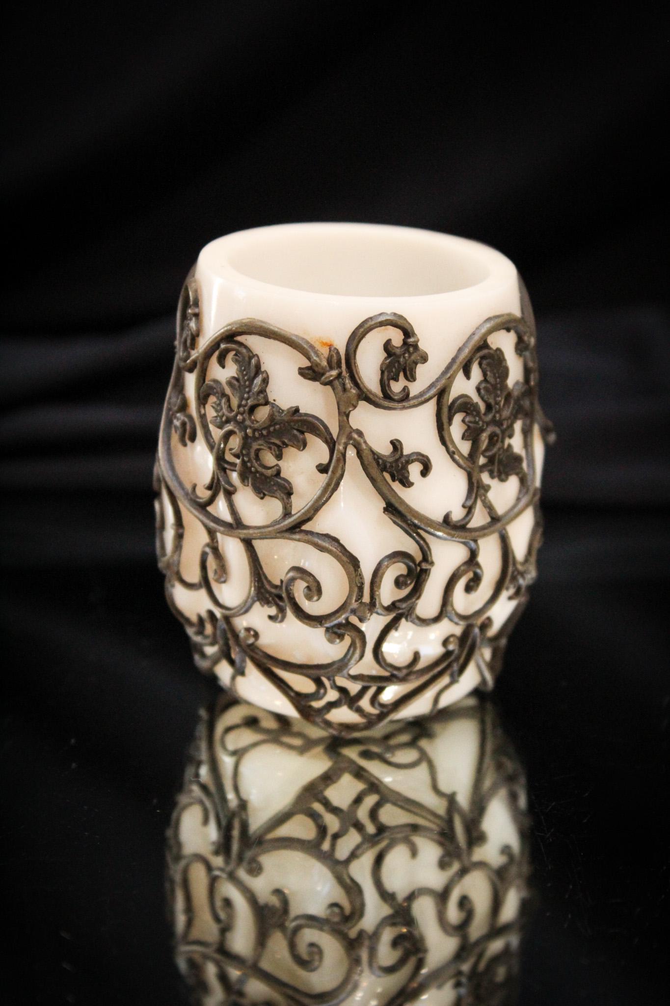 Victorian Filigree Opal Glass Victorian Toothpick Holder: So seldom do you see pieces with filigree decoration. And especially toothpick holders. Nice opal glass filigree decorated example here. It measures 2 1/2" tall.
