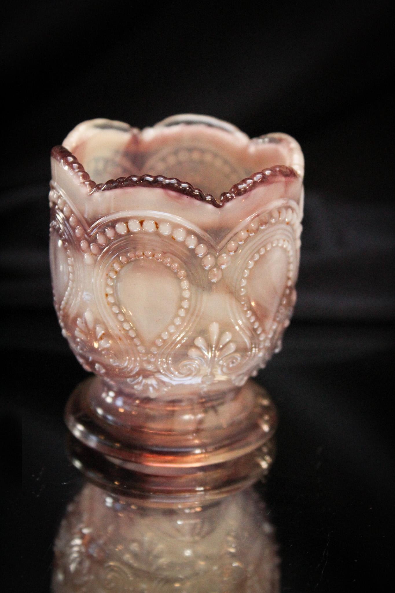 Northwood Purple Slag Scroll with Acanthus Toothpick: Beautiful Northwood purple slag Victorian toothpick holder in the Scroll with Acanthus pattern. Nice slag color and effect on this one folks!. It measures 2 1/2" tall.