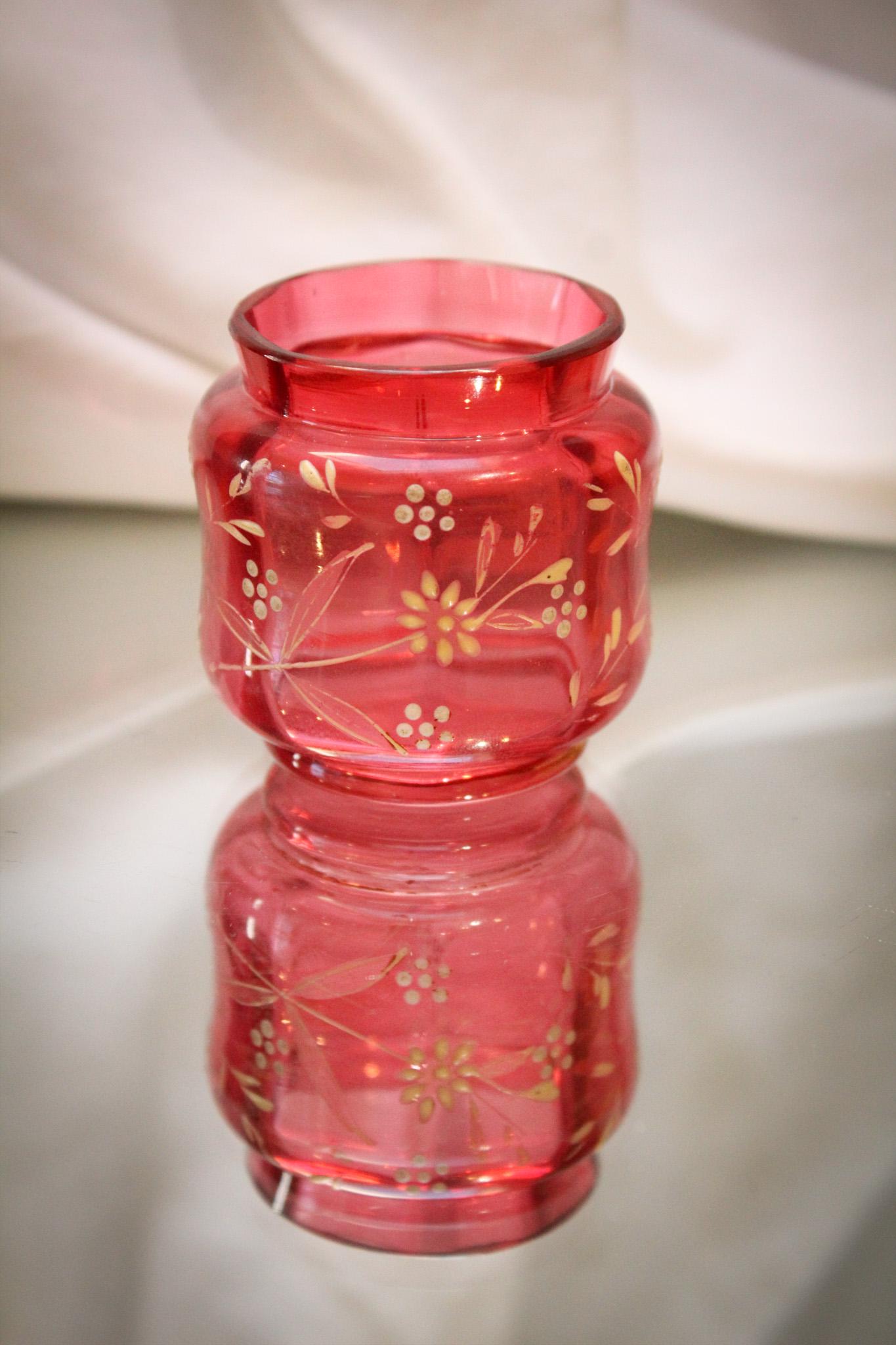 Victorian Cranberry Enameled Glass Toothpick Holder: Such a nice toothpick holder. This is one of those that is a compliment to any adavanced or starter collection. Decorated with wonderful flowers. It measures 2" tall.