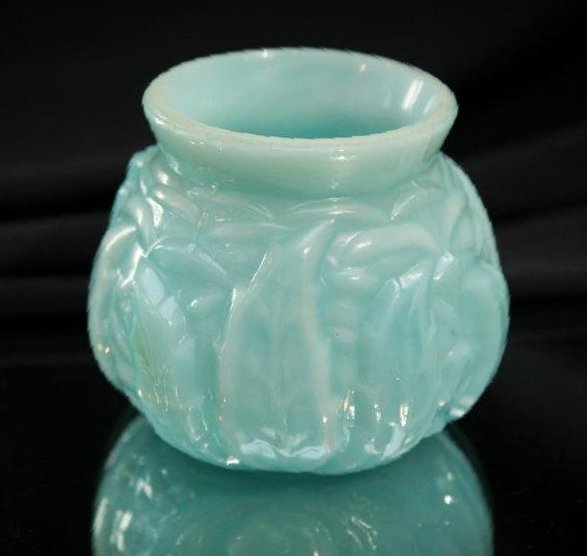 Northwood Blue Leaf Mold Victorian Glass Toothpick Holder: This is an uncommon color to find leaf Mold in and this is a nice example. It has beautiful robin's egg blue coloring to the glass. It stands 2" tall.