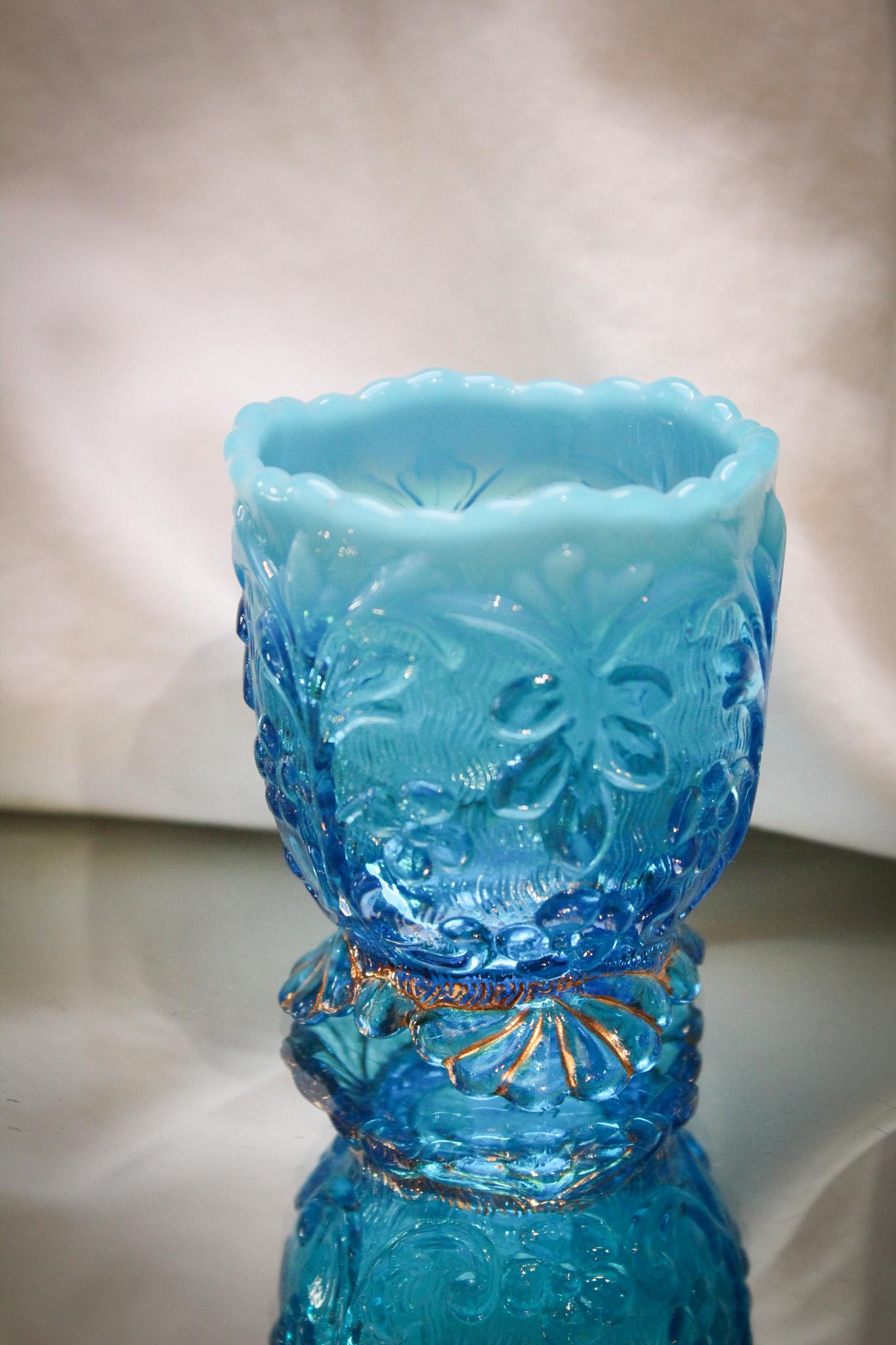 Isn't it Gorgeous Blue Opalescent Flora Gilt Toothpick Holder: Well it is. Yep, this is one gorgeous toothpick holder. Blue opalescent glass and gilt decoration make this a show stopper. Beaumont's Flora pattern shows all the glory with these colors and decoratio