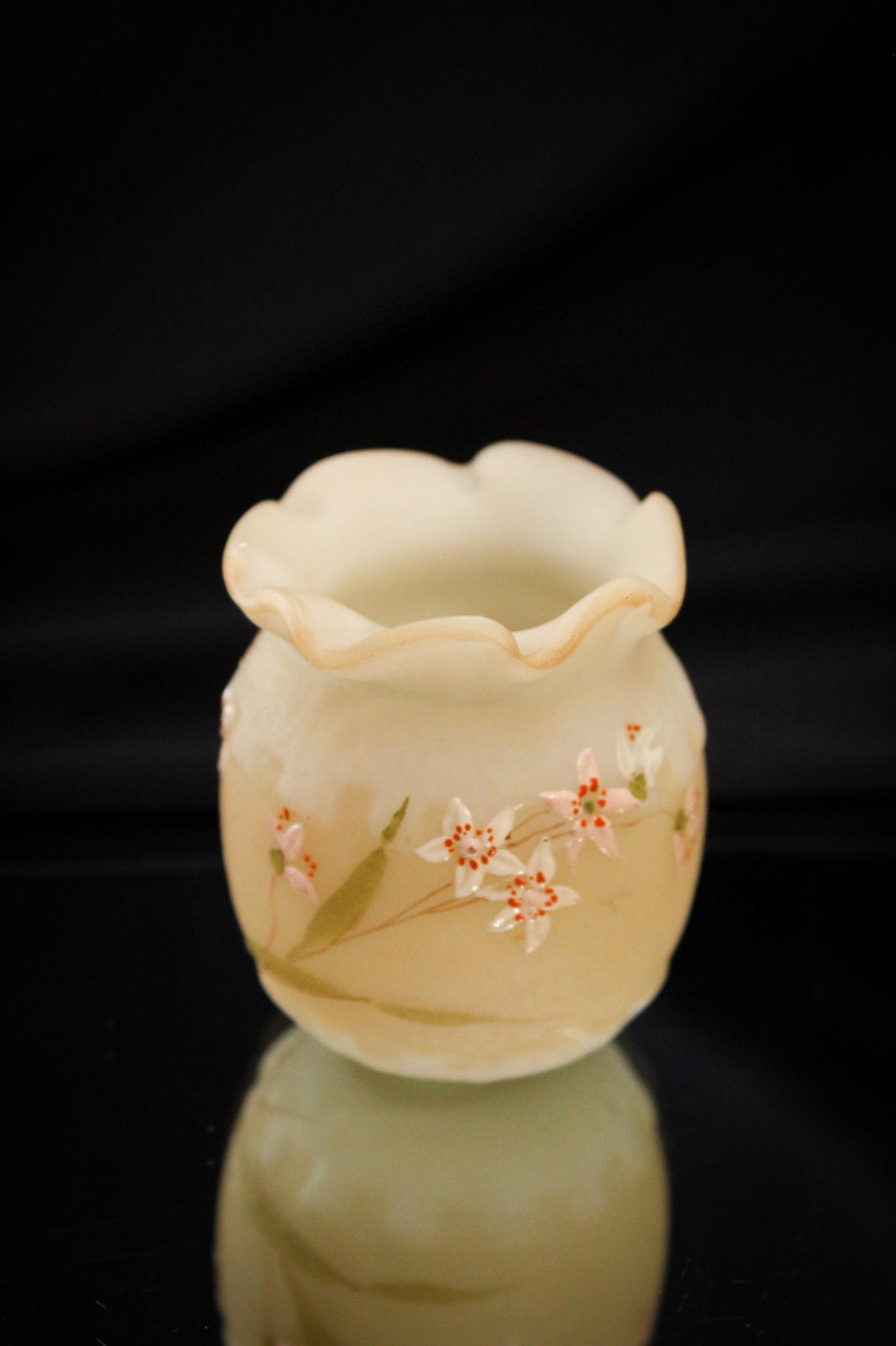 Mt. Washington Greek Key Toothpick Holder: We love this example of Mt. Washington's Greek Key pattern. Pretty florals abound on this little princess. So wonderful. It stands 2 1/2" tall.