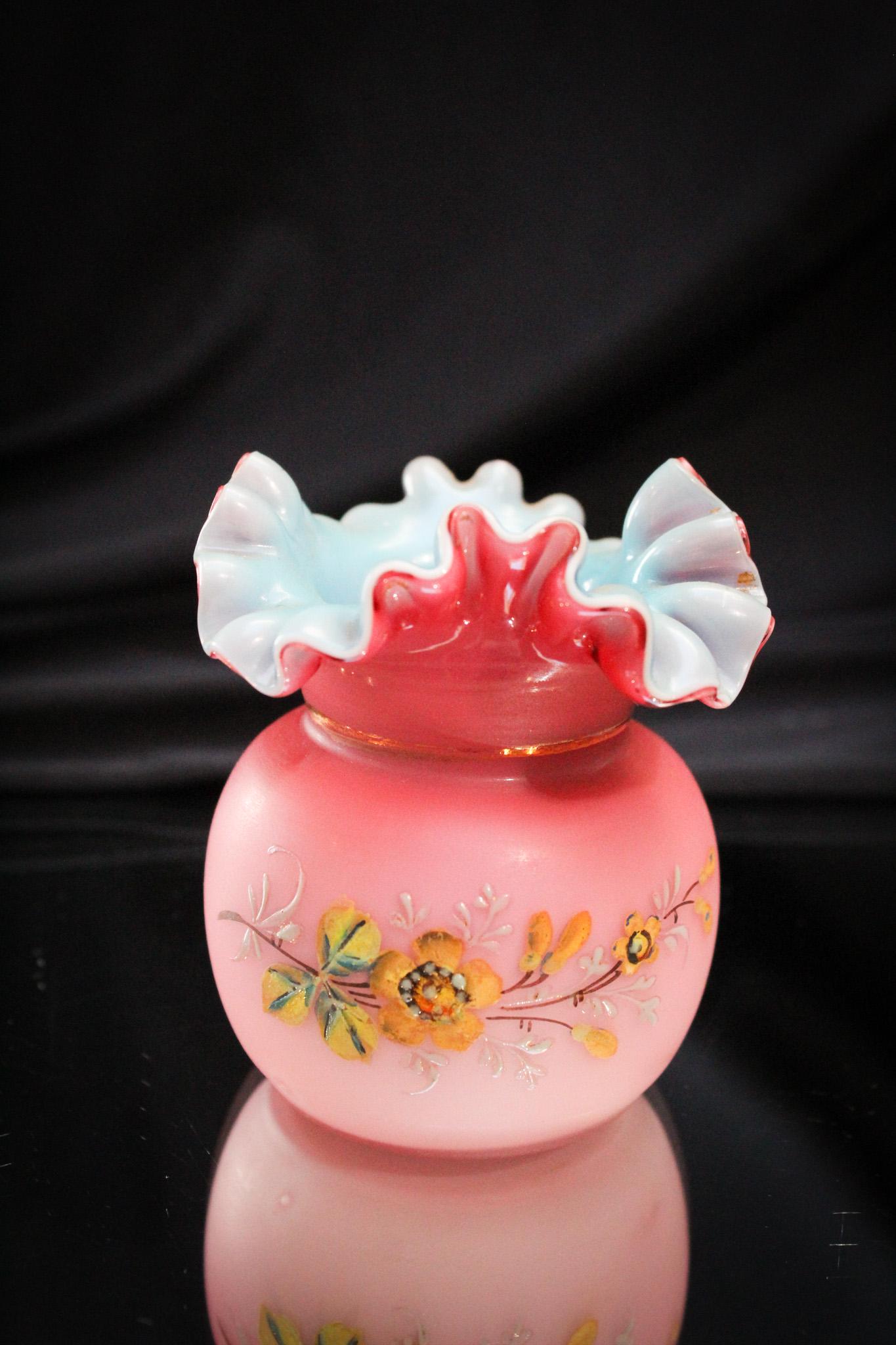 Pink Cased Blue Enameled Victorian Toothpick Holder: You gotta love this one. Pretty in pink Victorian toothpick holder cased on the interior in blue. As one would expect, it is decorated with nice florals. It stands 3" tall.