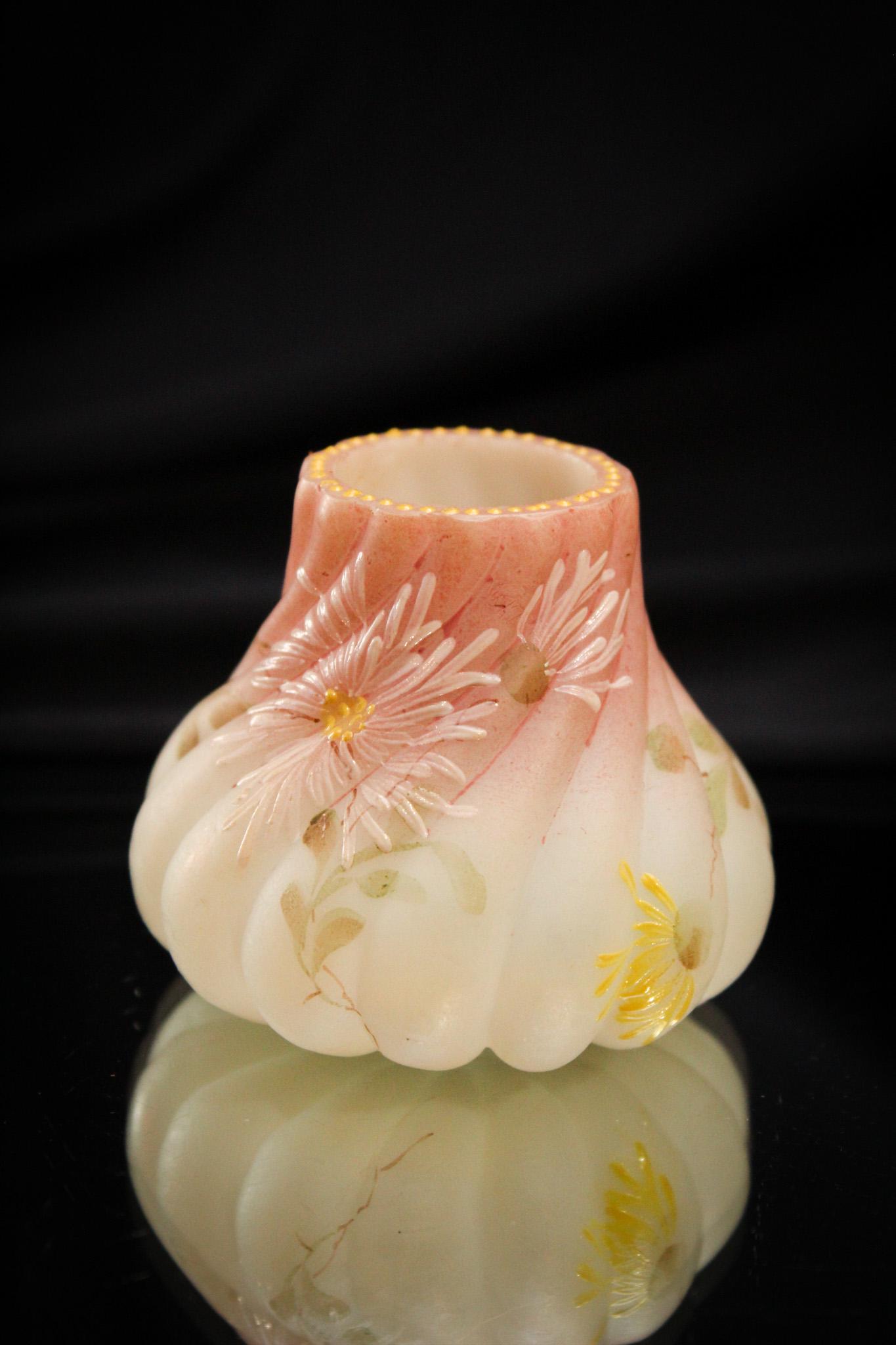 Mt. Washington Swirl Mold Victorian Pink Toothpick Holder: Another example of the Mt. Washington Twist mold. This one decorated in pink tones and florals. Would you believe it measures a staggering 2" tall?