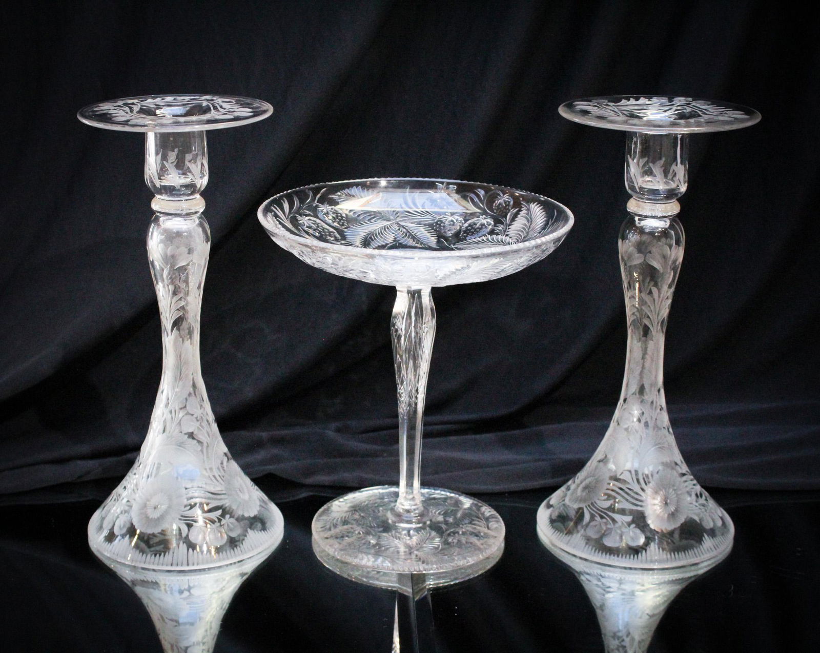 3 pcs Signed Libbey American Brilliant Compote & Candlesticks (1 of 12)