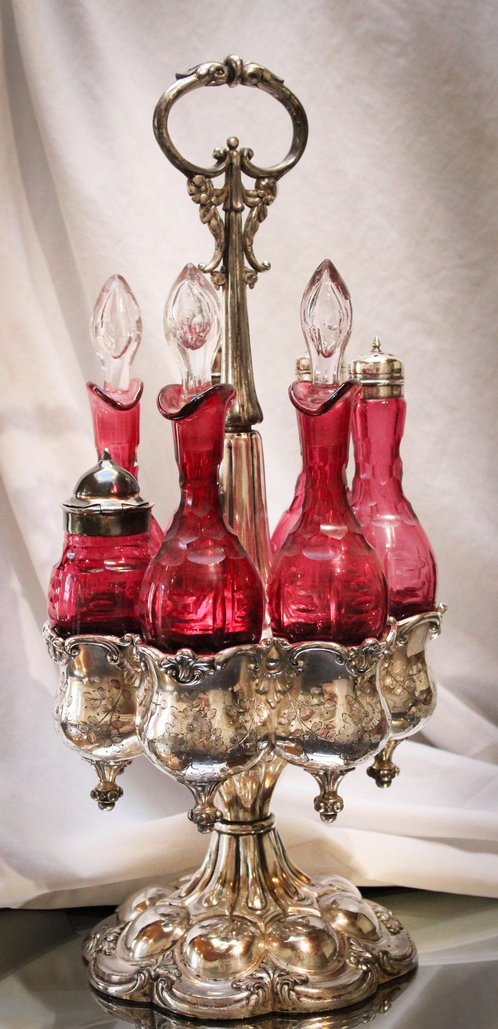 Rare Cranberry Cut Glass 7 Bottle Victorian Silverplate Castor set (1 of 14)