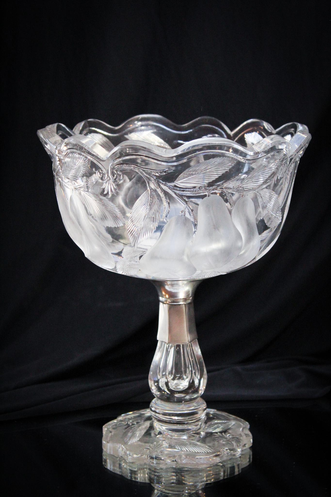 Signed Hawkes American Brilliant Gravic Cut Glass Pears Compote: One amazing piece here folks. This piece of American brilliant cut glass is Gravic cut with pears on the body. Original pinned silverplate connector. Measures 10 1/2" tall.