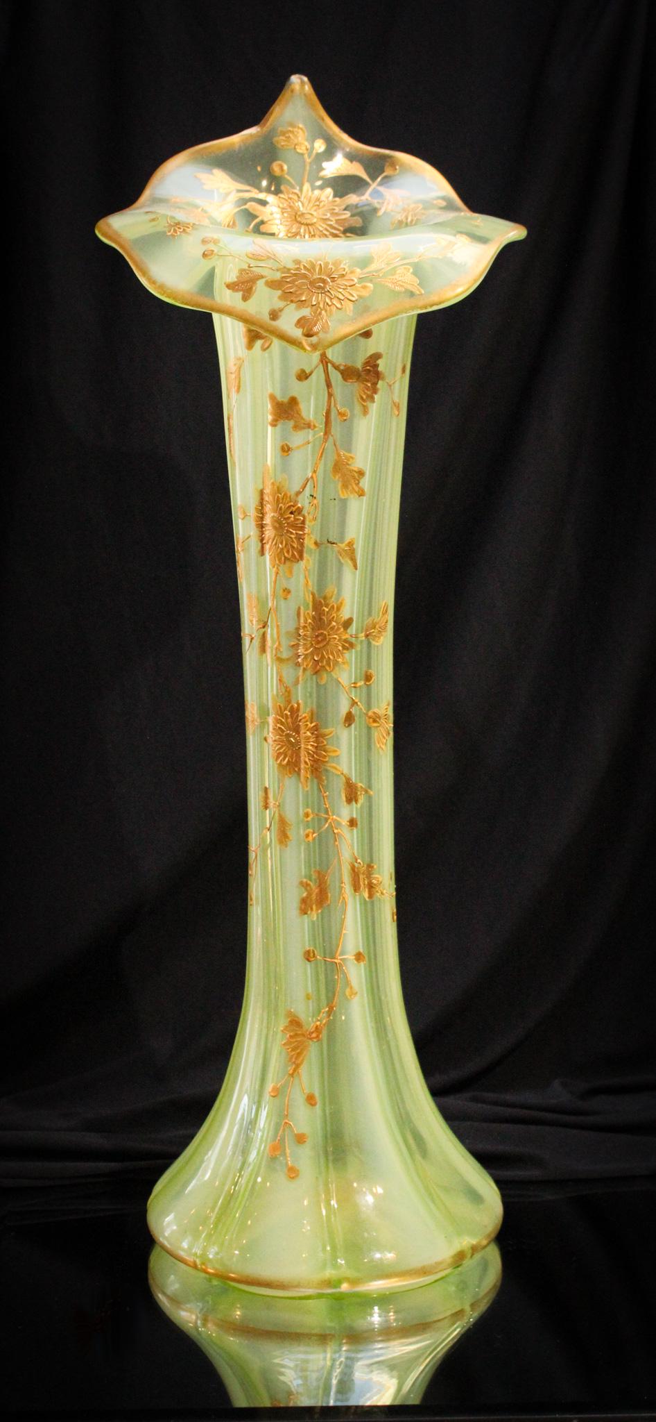 Monumental Vaseline Opalescent Gilt Enameled 21" vase (1 of 8)
