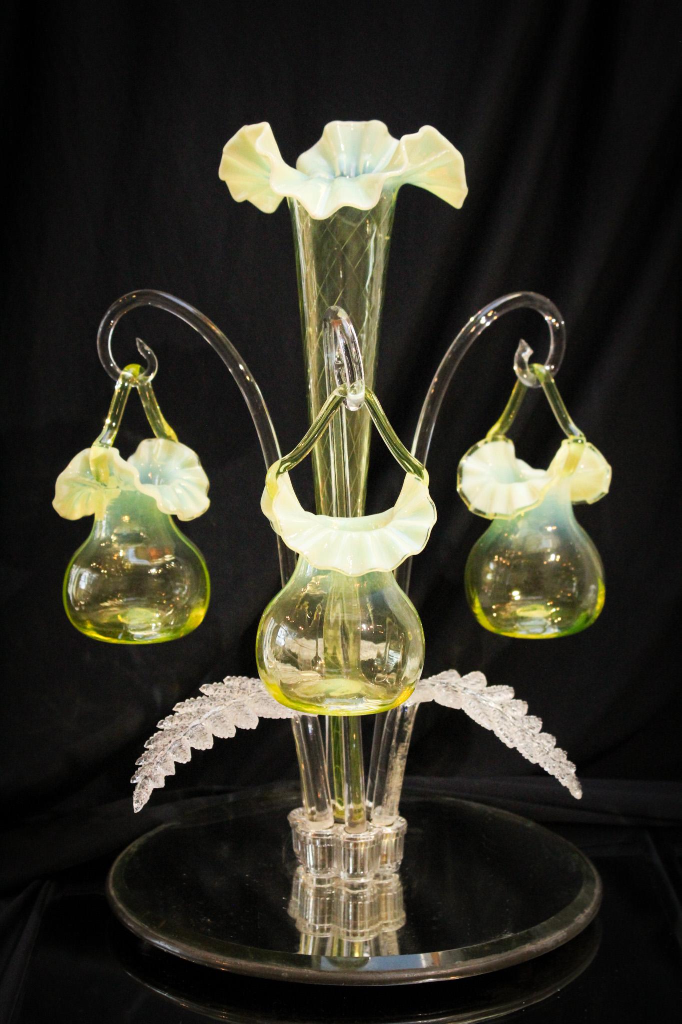 Victorian Vaseline Opalescent Glass Sociable Mirrored Epergne (1 of 11)