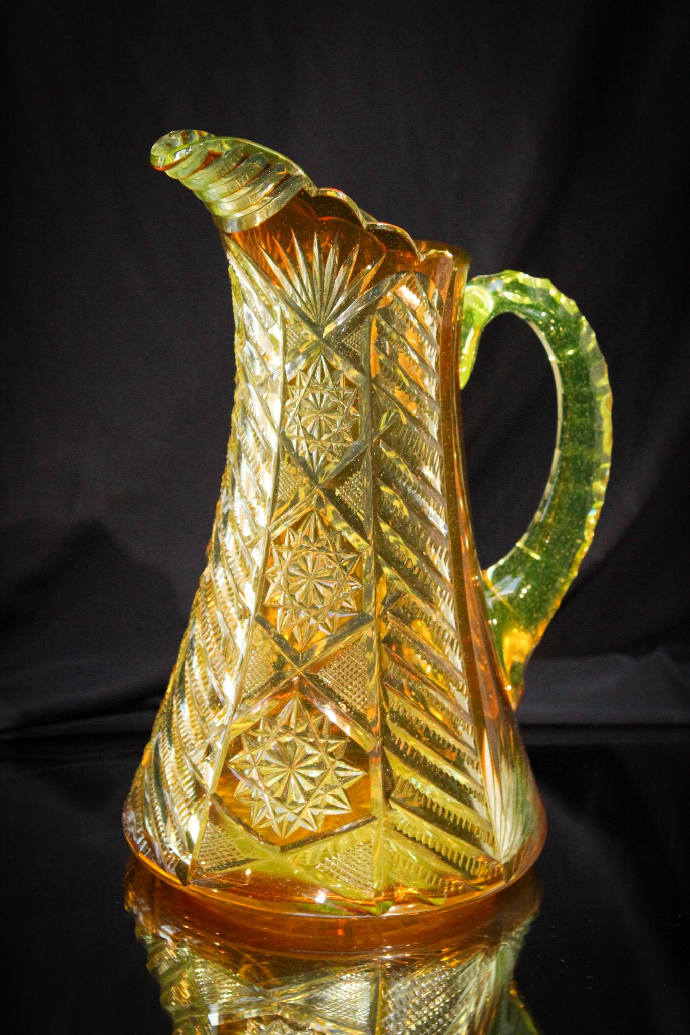 Rare Orange Cut to Vaseline Glass Tall Water Pitcher (1 of 10)