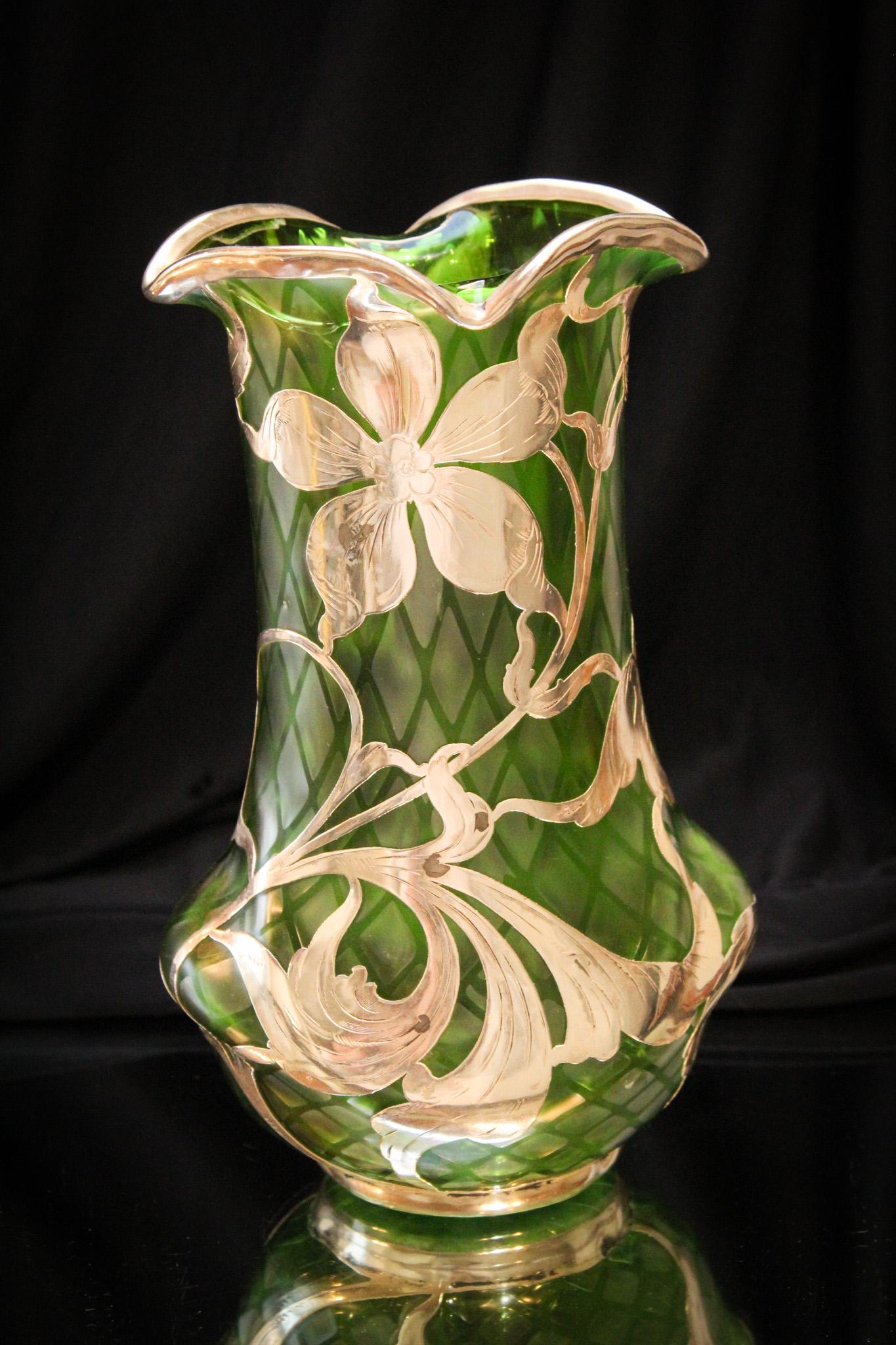 Loetz Sterling Silver Overlay Airtrap Glass Vase (1 of 7)