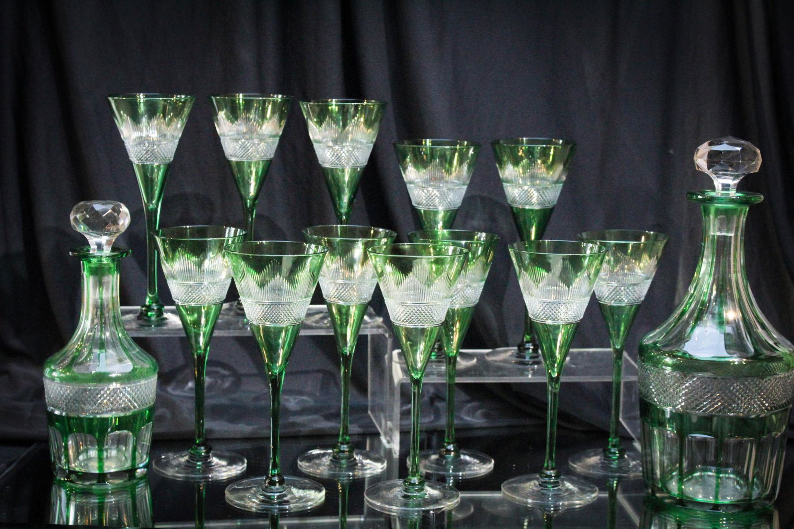 14 pc Green Cut to Clear Glass Stems & Decanters (1 of 8)