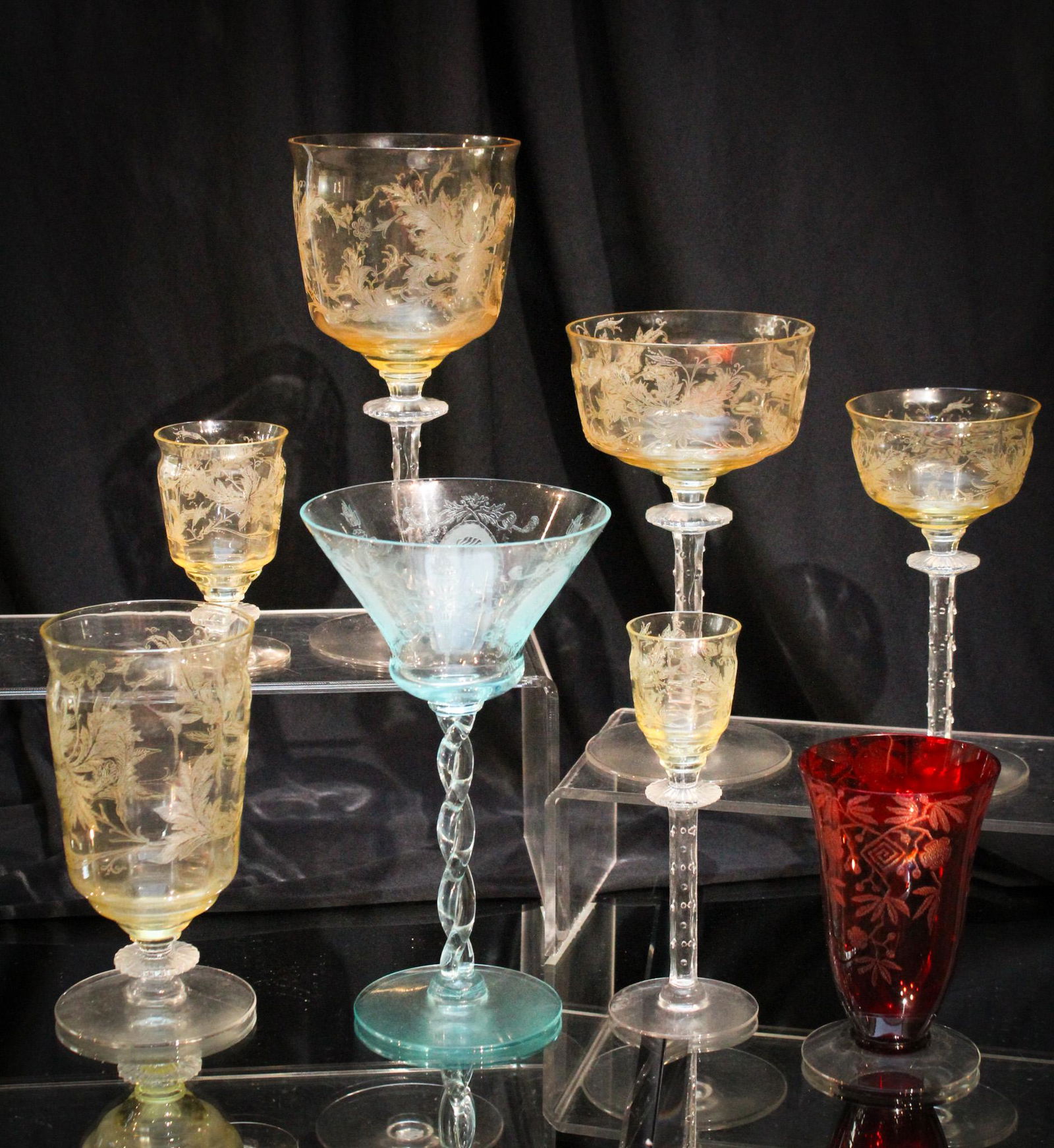 Mega Magnum Auctions 8 Pc Lot Elegant Glass Tiffin Morgantown Cambridge: What is not to love about this generous lot of elegant glass eye candy? Here we have 6 pieces of Tiffin yellow "Cadena"etching, a Morgantoqn blue "Elizabeth" etch, and a Cambrdige Carmen "Rosalie" etc