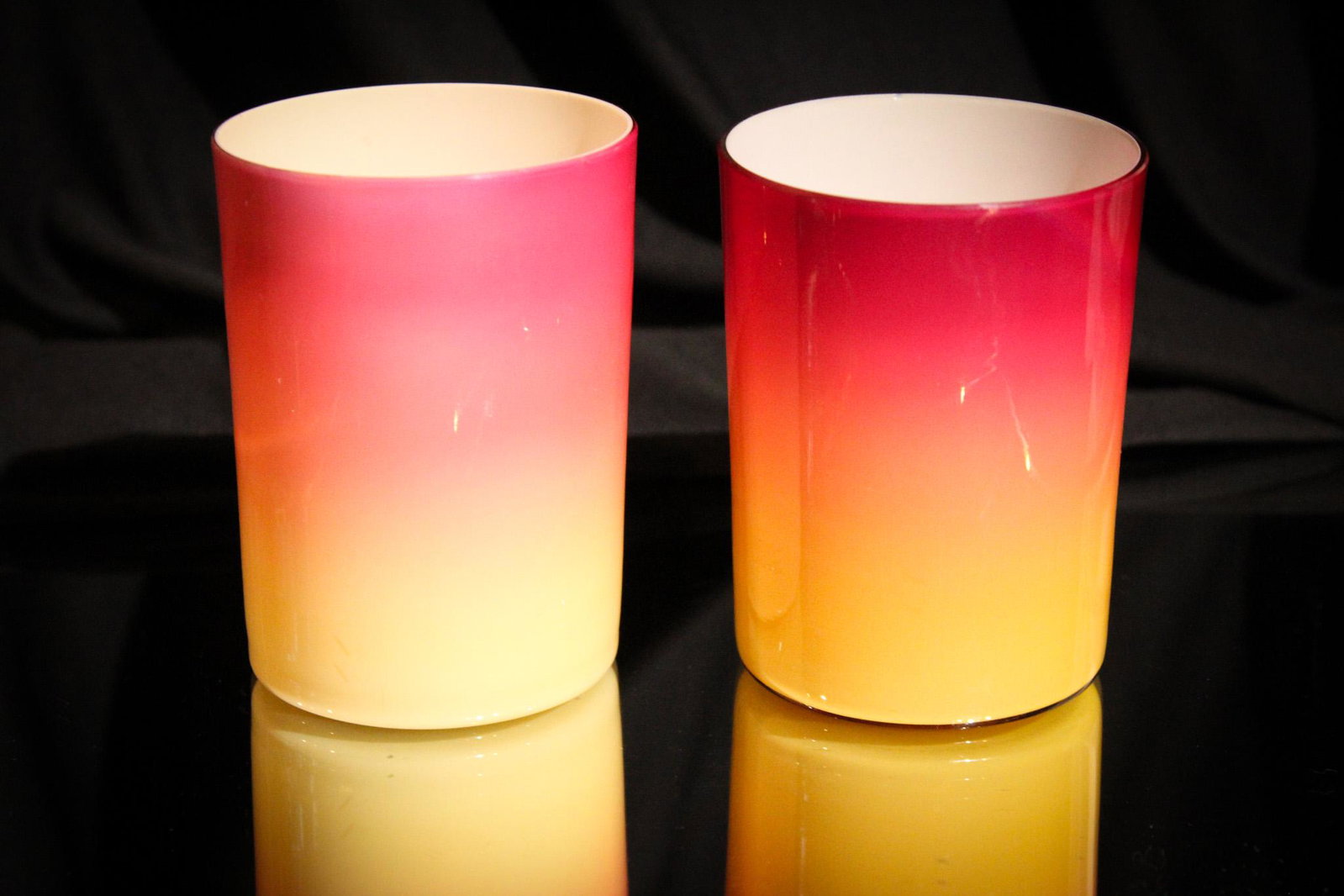 Pair of Wheeling Peachblow Victorian Glass Tumblers: Two fine examples of Wheeling peachblow tumblers. Time to complete that water set of yours or start one! Each measures a huge 3 3/4" tall.