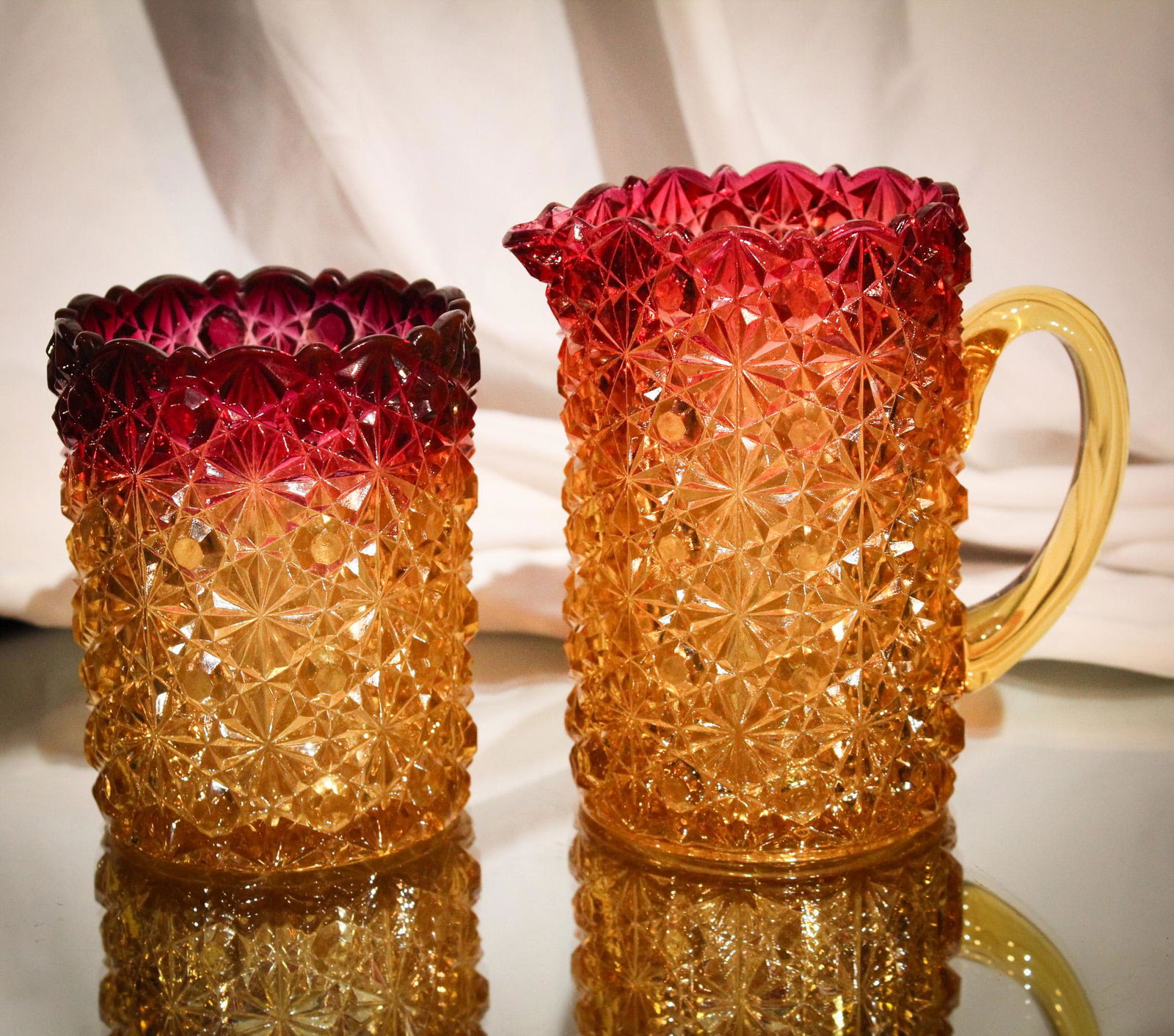 2 pc Lot Victorian Hobb's Amberina Daisy & Button Glass (1 of 8)