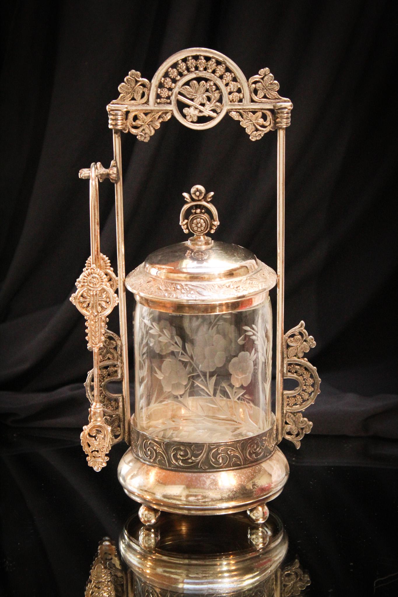 Victorian Rockford Silverplate Engaved Pickle Castor: Fine example of a silverplate Victorian pickle castor complete with original insert. Insert is engraved as shown. Piece stands proud at 10 1/2" tall.