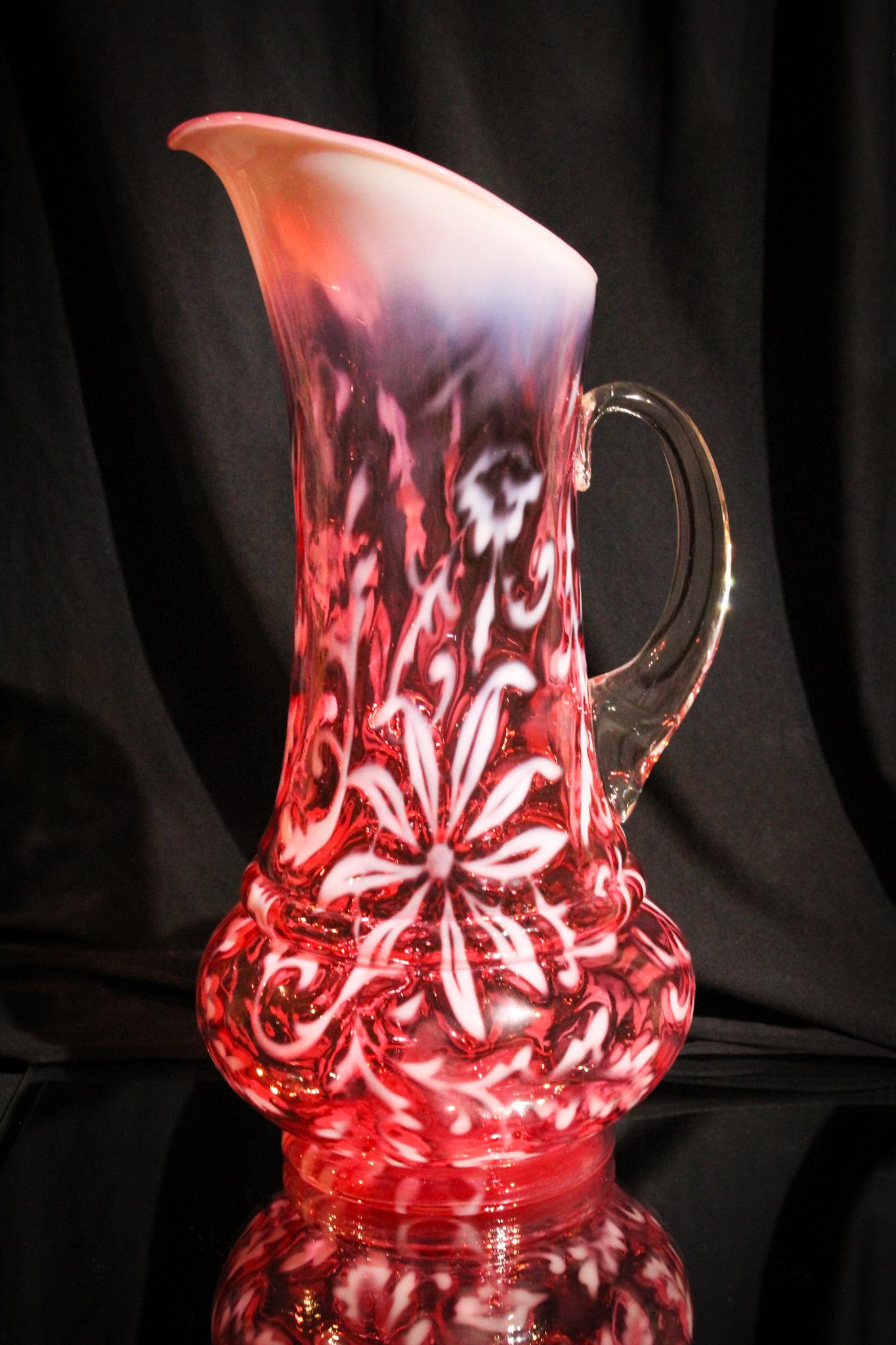 Outrageous Cranberry Opalescent Poinsettia Northwood Pitcher: Imagine this on your sideboard for Christmas. What is not to love about the poinsettia pattern. Especially an example as this in cranberry. This wonderful museum piece measures 13" tall of pure Christ