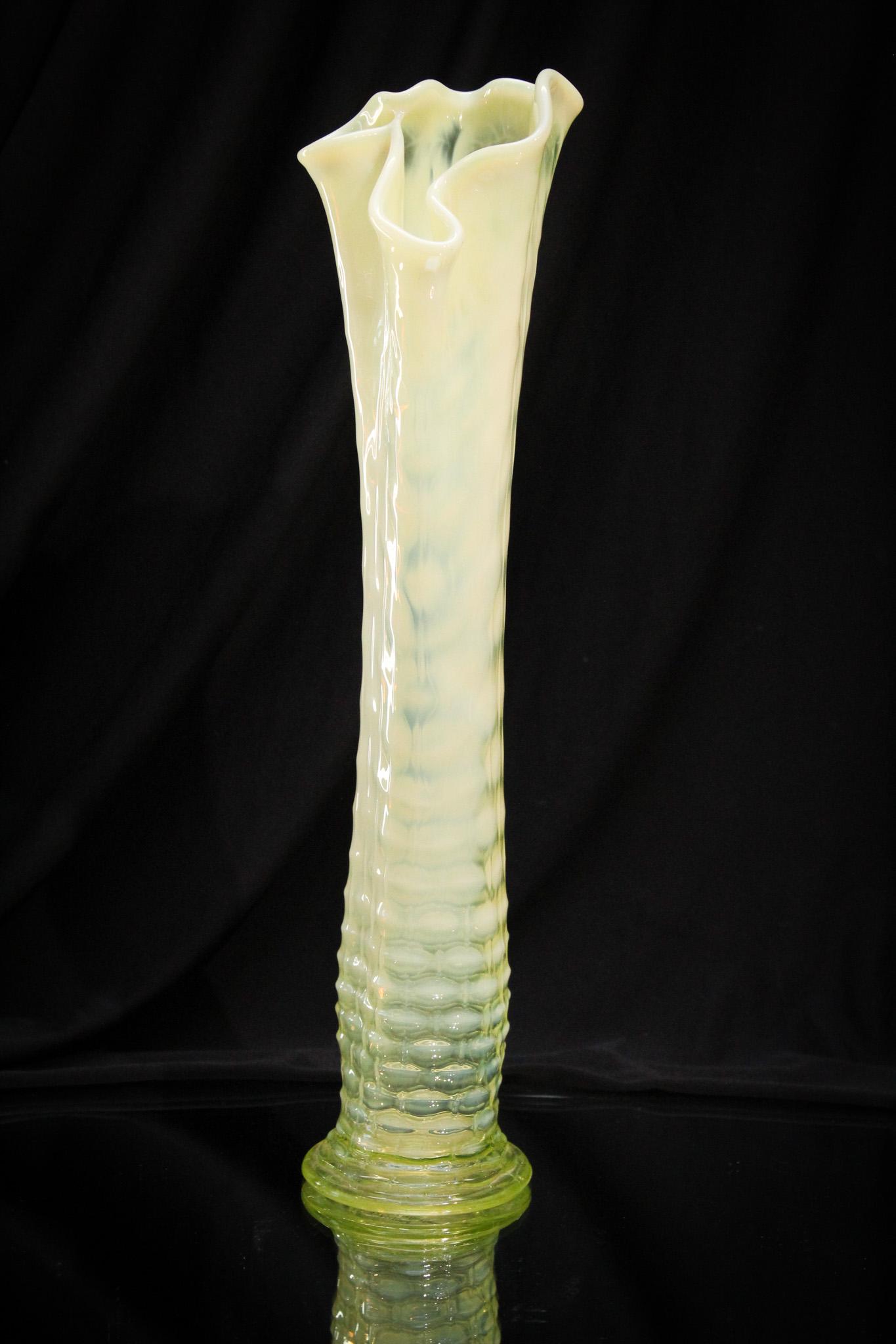 Vaseline Opalescent Frosted Leaf & Basketweave Victorian Vase: Lovely Victorian vase with super color and opalescence. In the Frosted Leaf and Basketweave pattern. It measures 13 1/2" tall