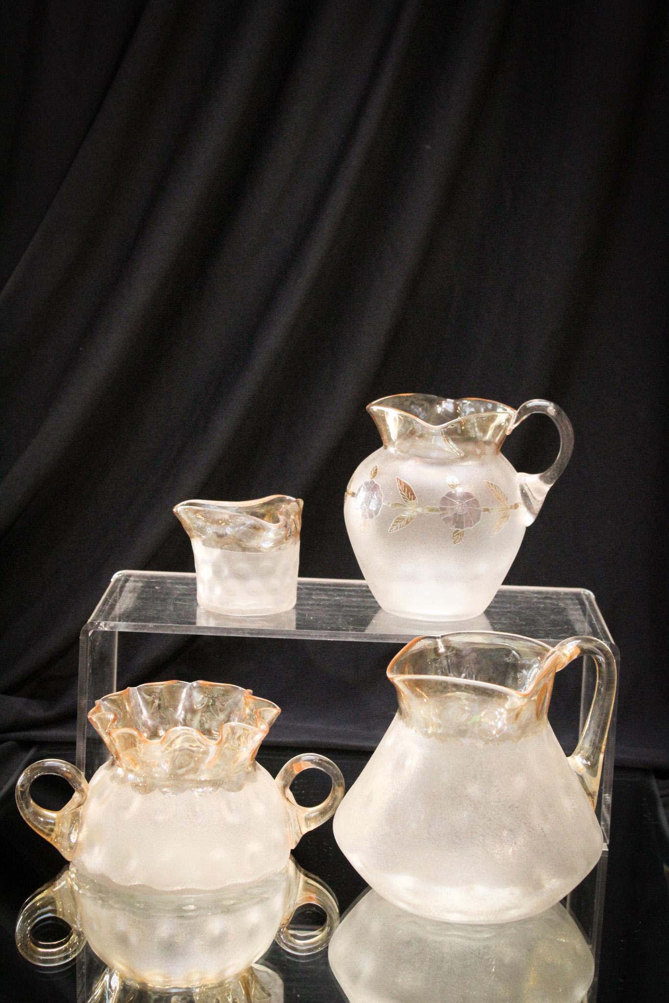 4 pc Lot Victorian New England Pomona Glass: So much quality is in this lot. Pomona glass by New England Glass is one of our favorites for the history of the production process. We have put together a lot of verious forms to include a square top