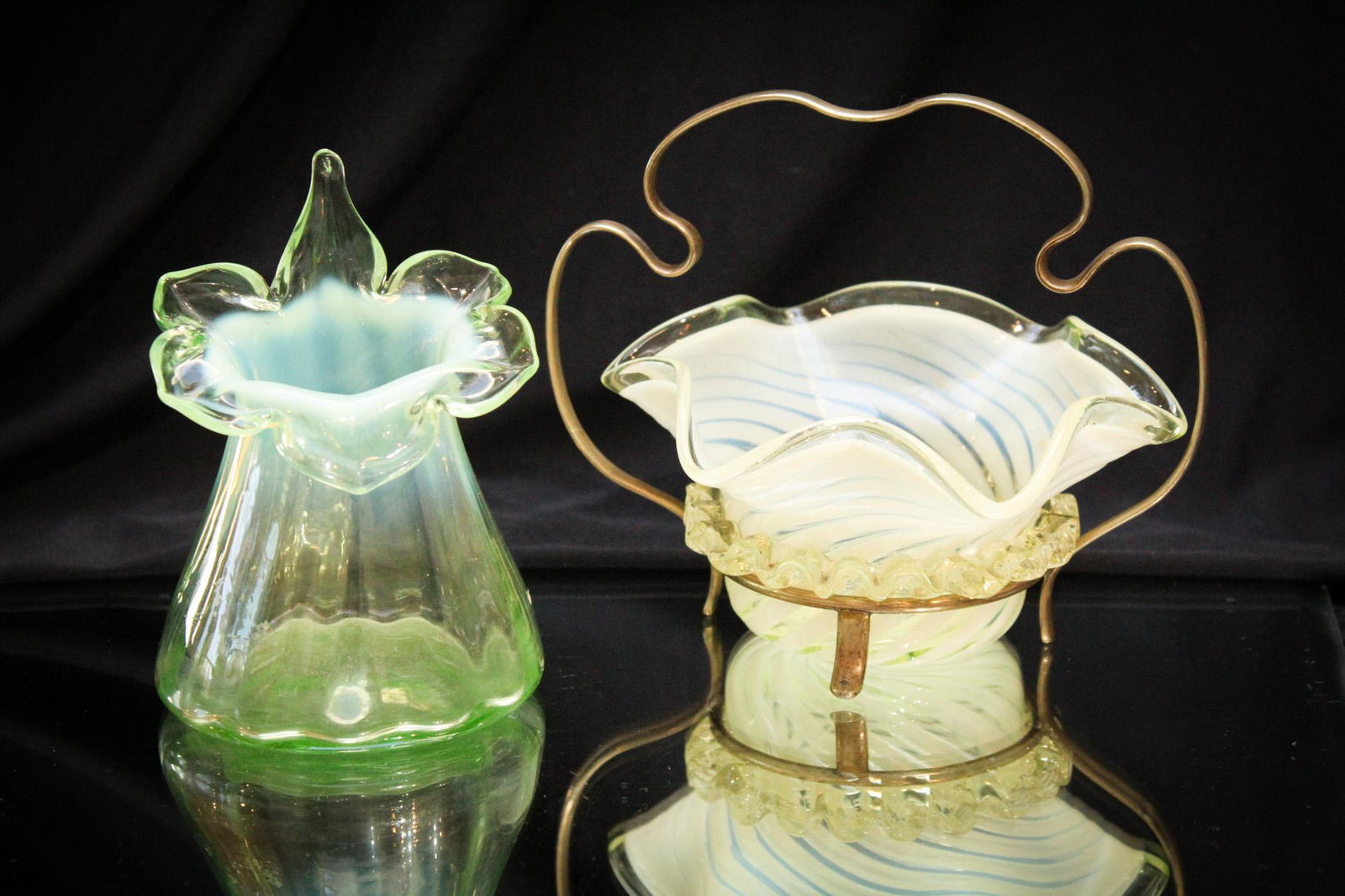 2 pc lot Victorian Vaseline Opalescent Glass (1 of 11)