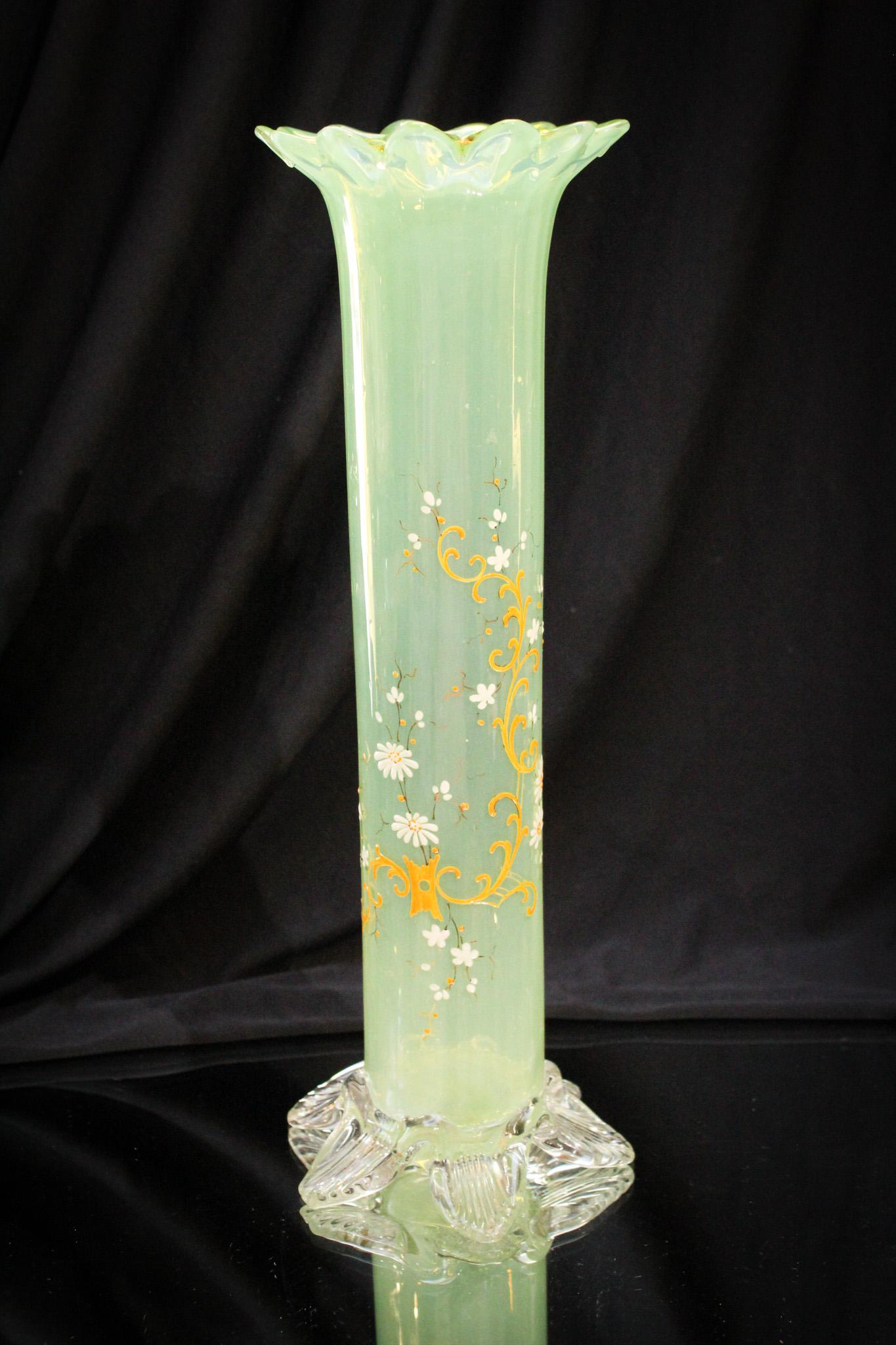 Yellow 12" Opalescent Victorian Glass Enameled Vase (1 of 5)