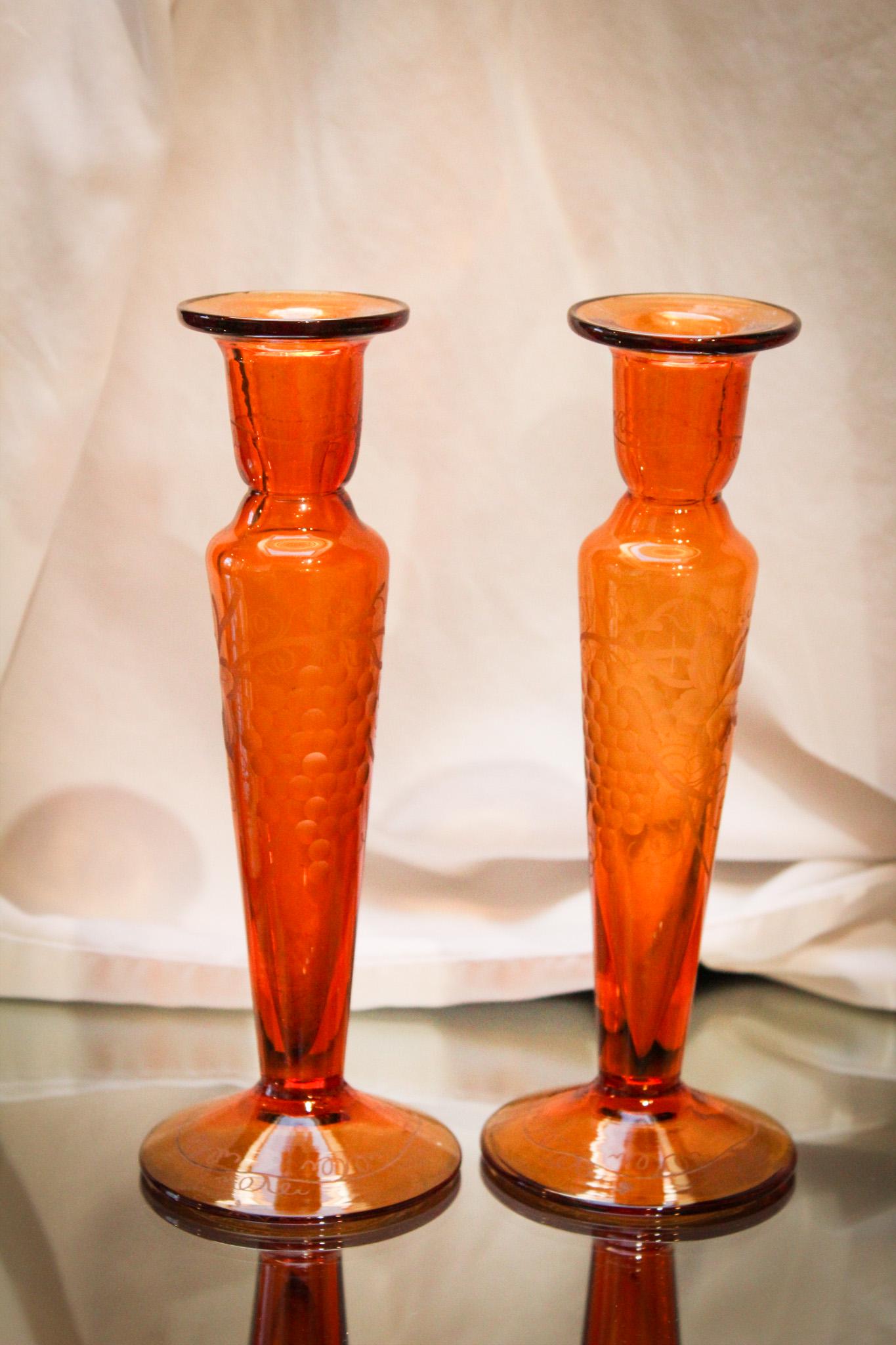 Pair Pairpoint Amber Glass Grape Etched Candlesticks (1 of 5)