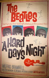 Original Theater Display Poster Very Large 1964 Beatles Movie Poster 40" by 60" A HARD DAYS NIGHT: Fantastic offering of original Beatles Movie poster made specifically for the theatres. Copyrighted as shown. Signed copyright 1964 United Artists Corperation. Printed in USA "Property of NATIONAL SCR