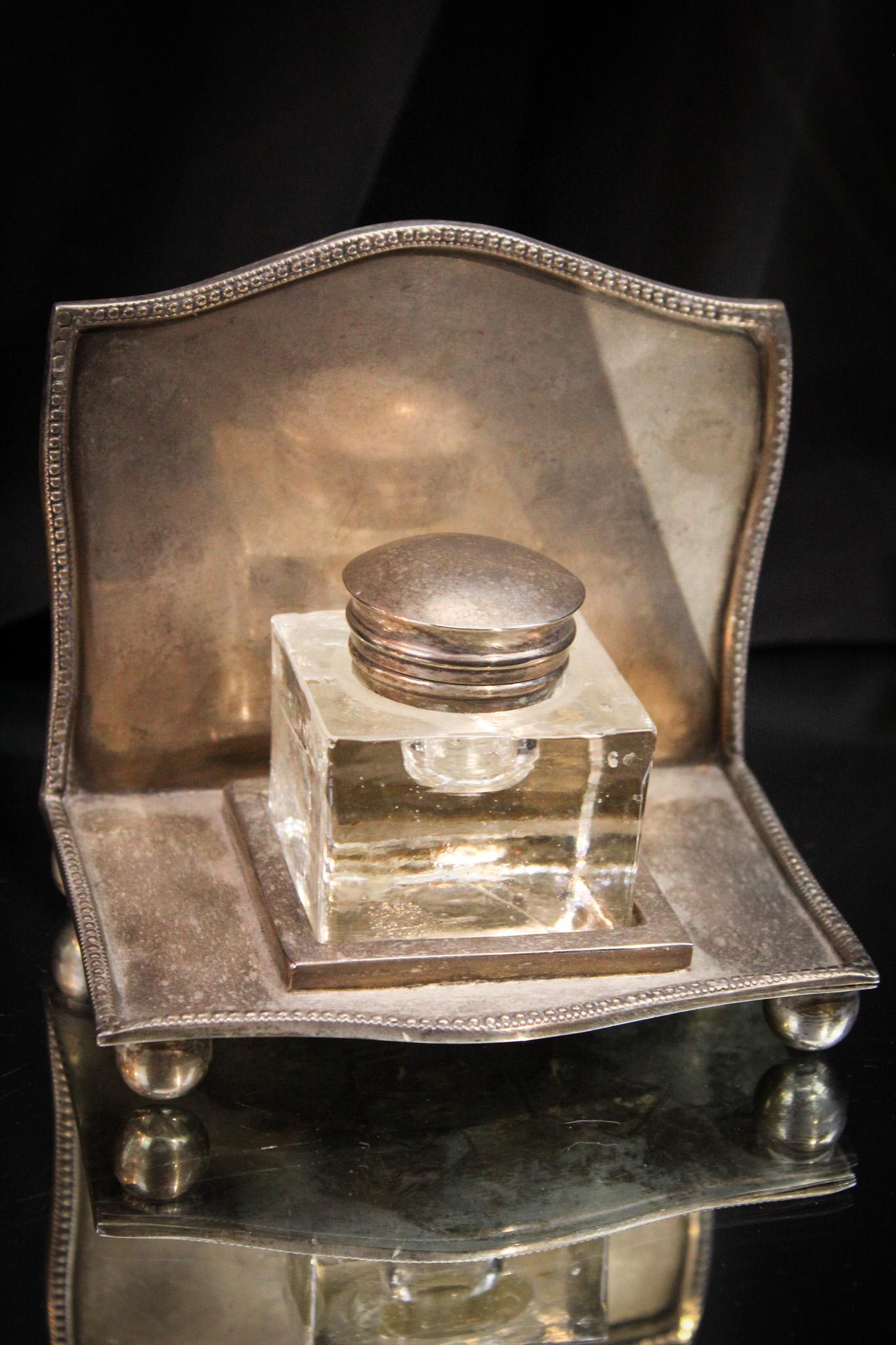 Edwardian Antique Silverplate & Glass Inkwell (1 of 5)