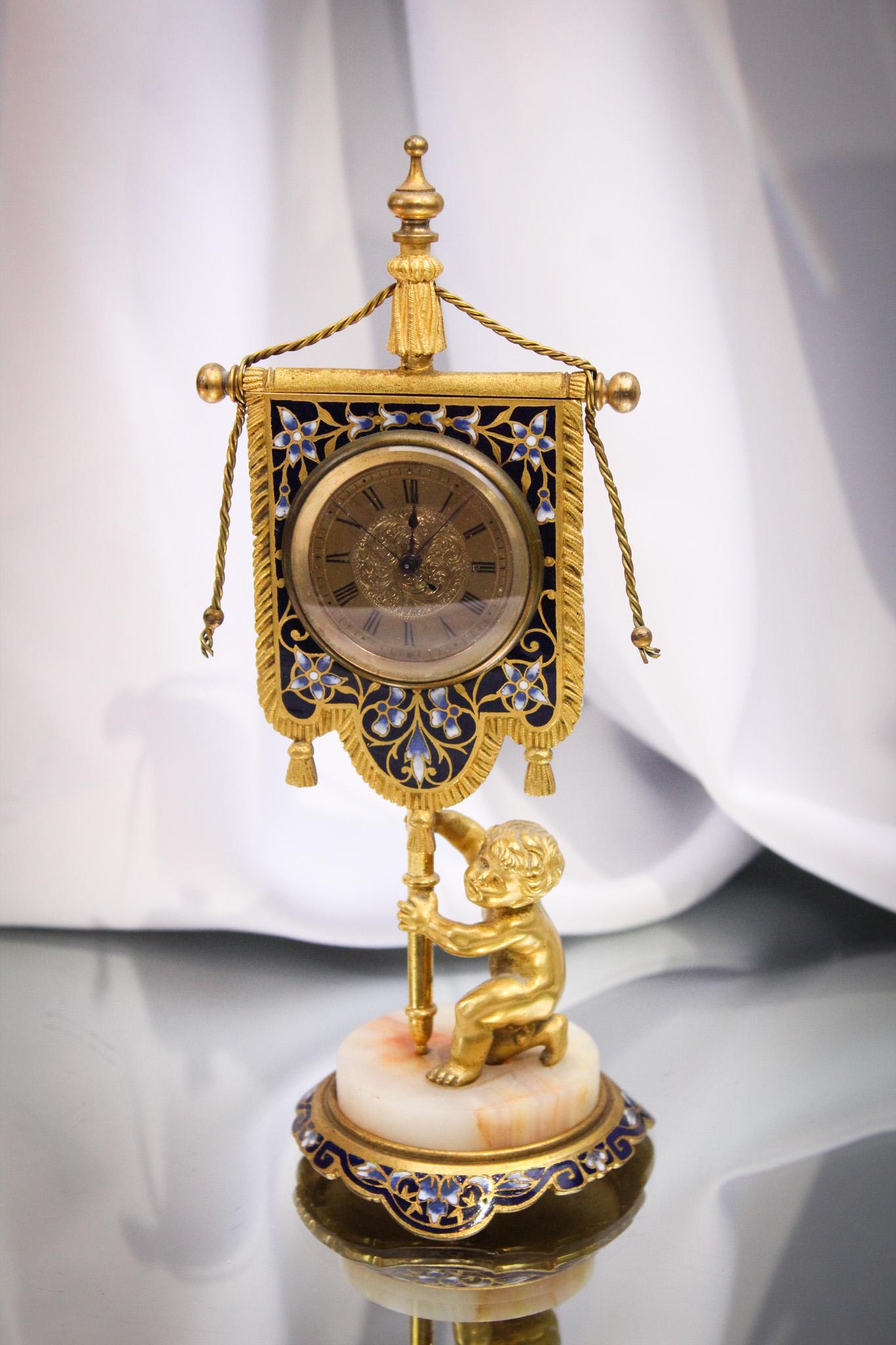 Bronze Champleve Cherub Diminutive Clock (1 of 10)