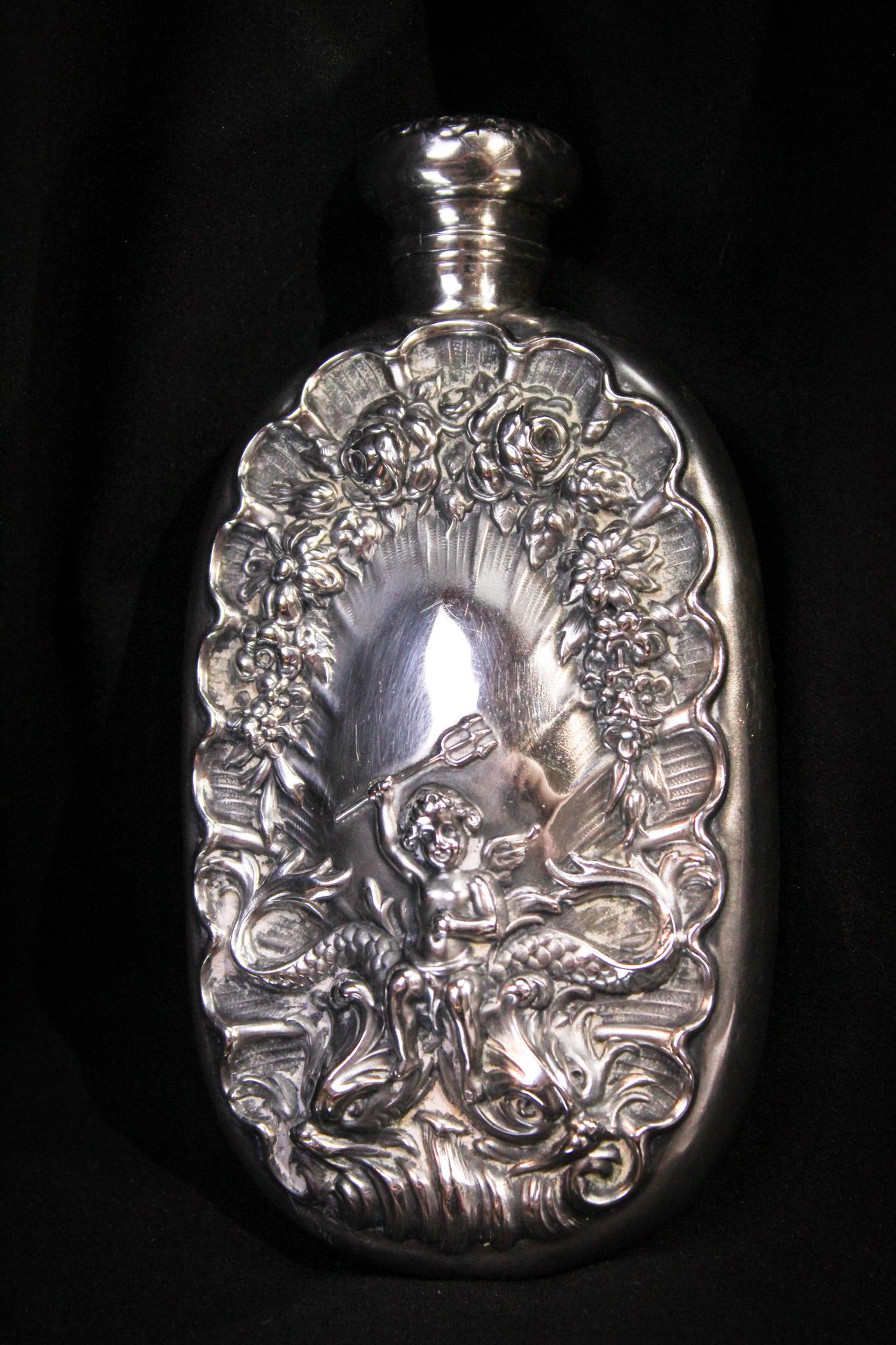 Sterling Silver Repousse  Cherub & Dolphins Ladies Flask (1 of 6)
