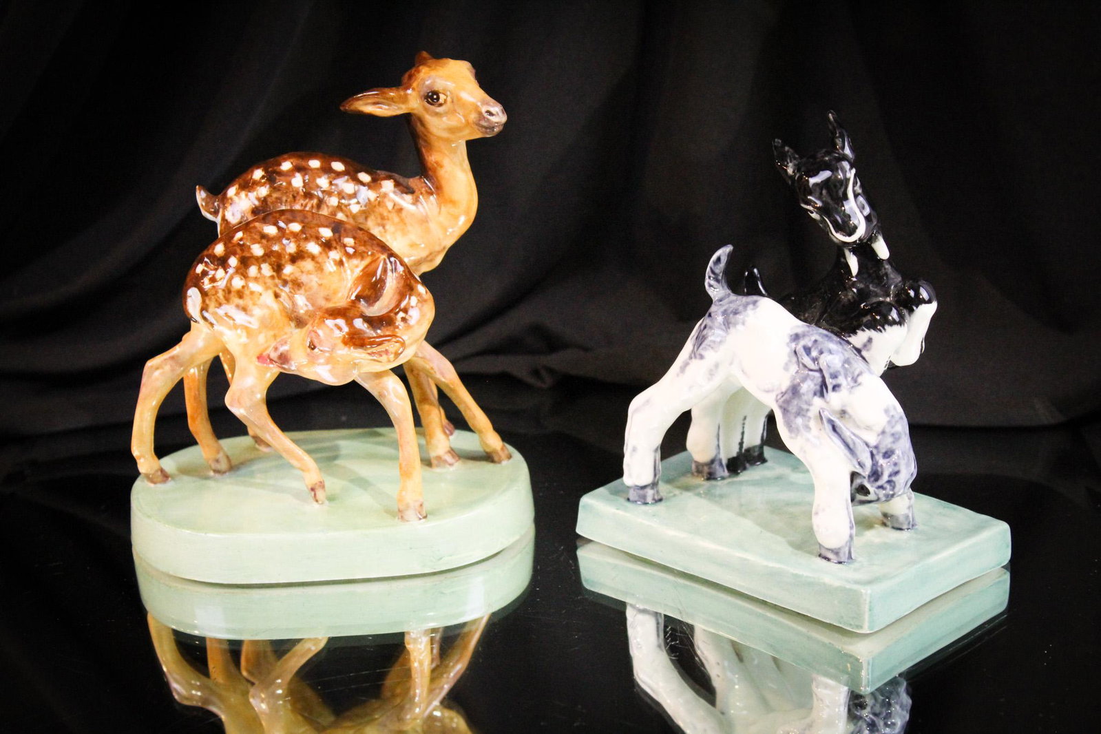 2 Royal Worcester Porcelana Figurines Fawns & Goats: Select offering of two Royal Worcester figurines. One is a pair of fawns, the other a pair of kid goats. Charming. Largest measures 5 1/4" tall.