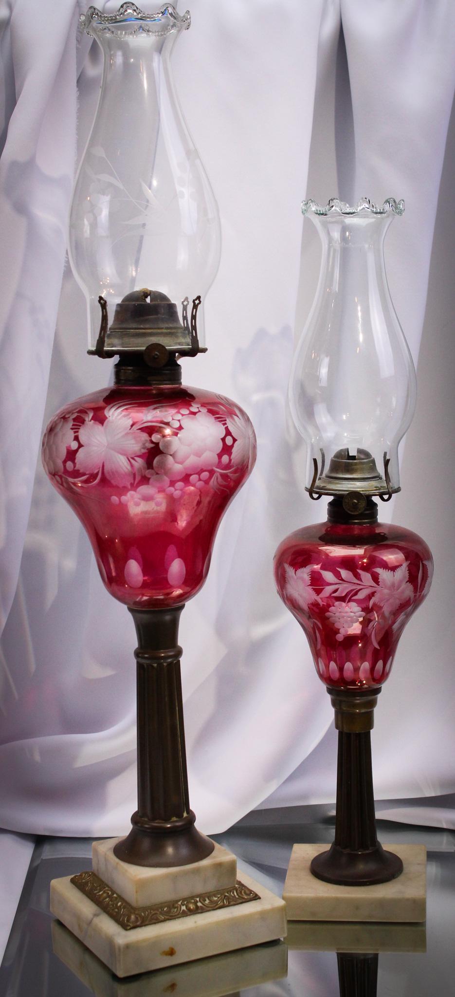 2 pc Lot Cranberry Engraved Oil Lamps (1 of 13)