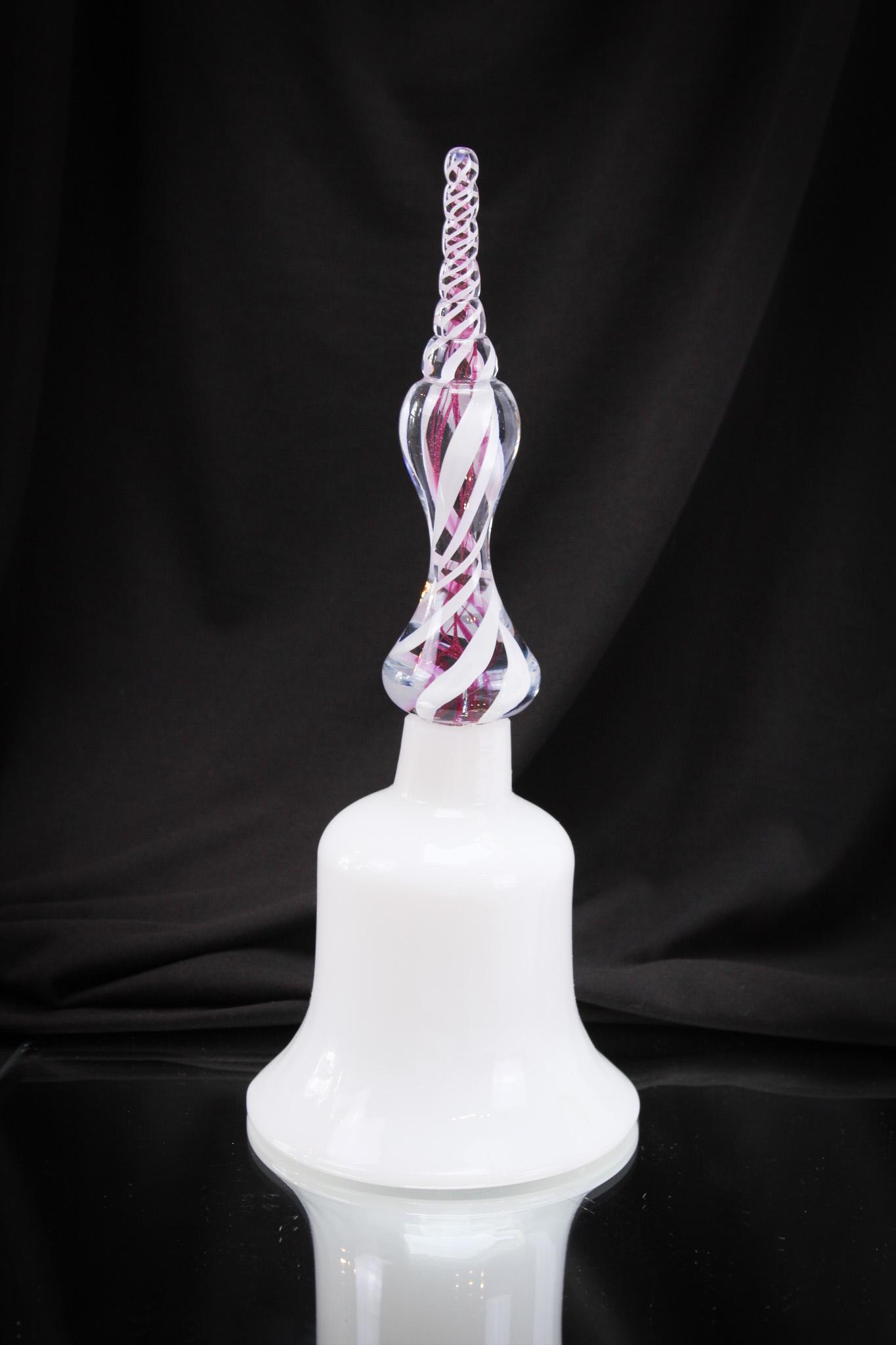 Pairpoint Opal Glass Airtwist Handle Bell: Let this bell bring you some attention. This incredible Pairpoint glass bell in opal with airtrap ribbon twist handle is a honey. Go find one of these at your local antique store. It measures a tall 1