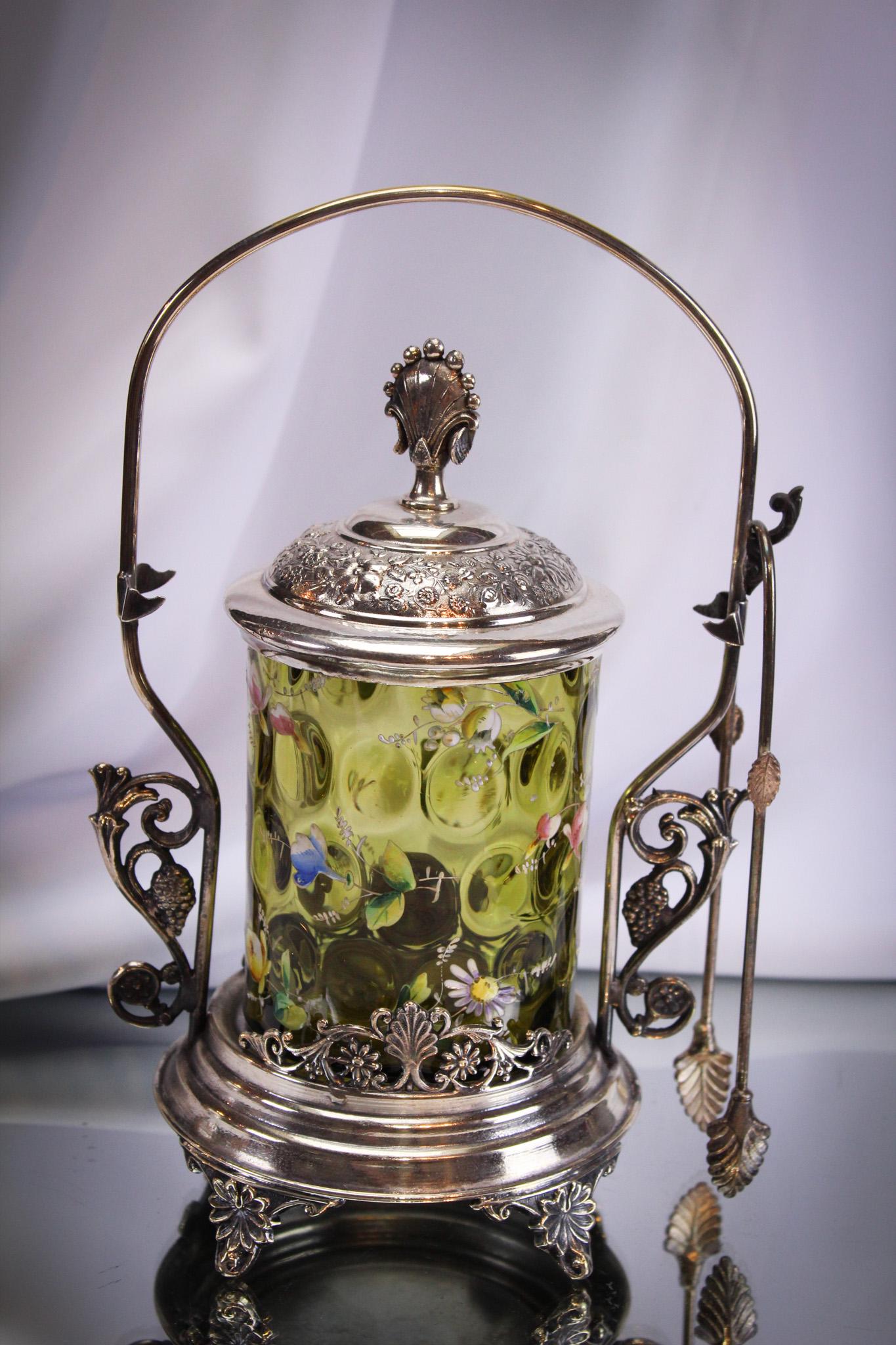 Silverplate Ornate Enameled Olive Green Pickle Castor (1 of 9)
