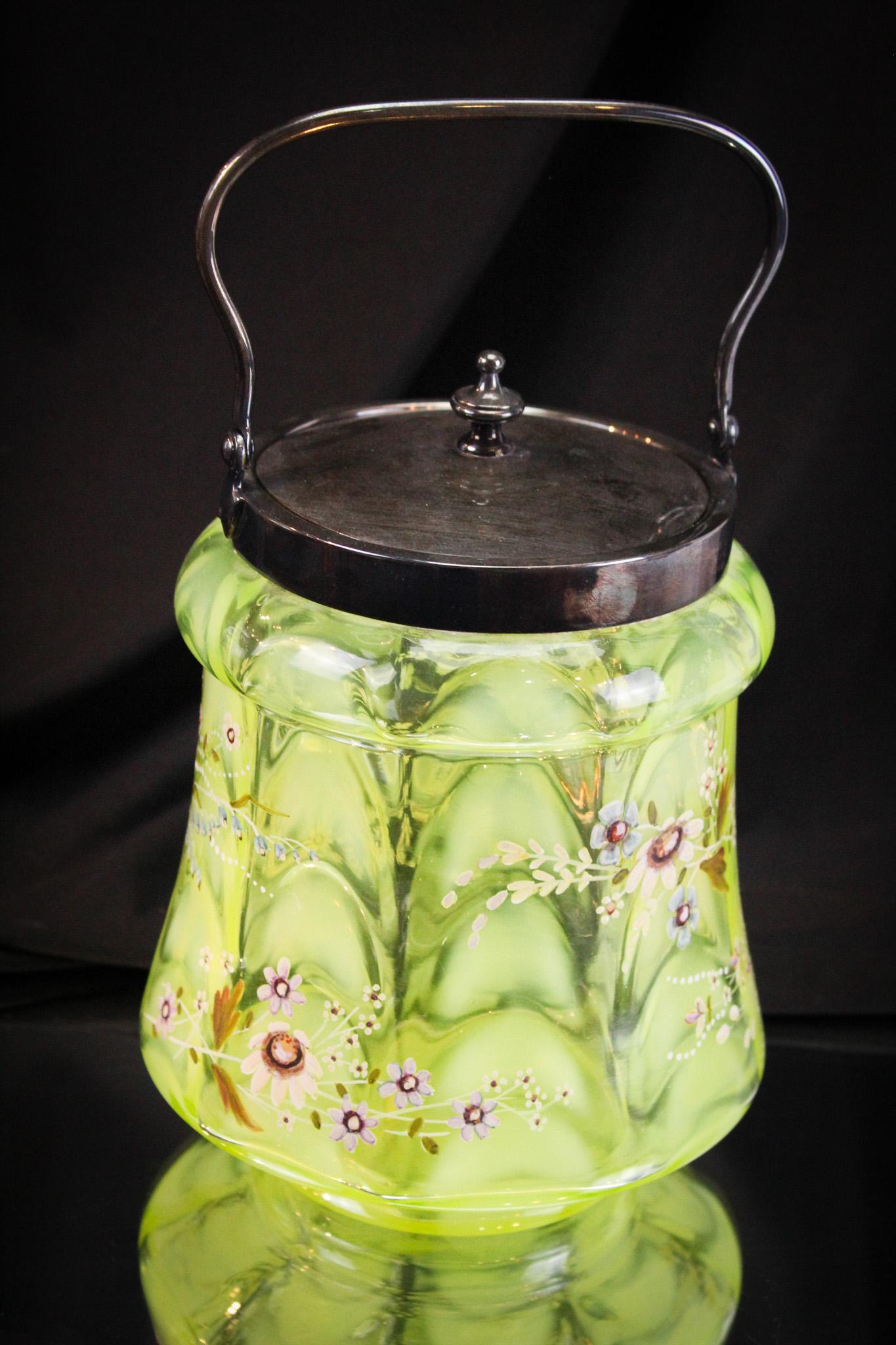 Vaseline Opalescent Drapery Enameled Victorian Biscuit Jar (1 of 6)